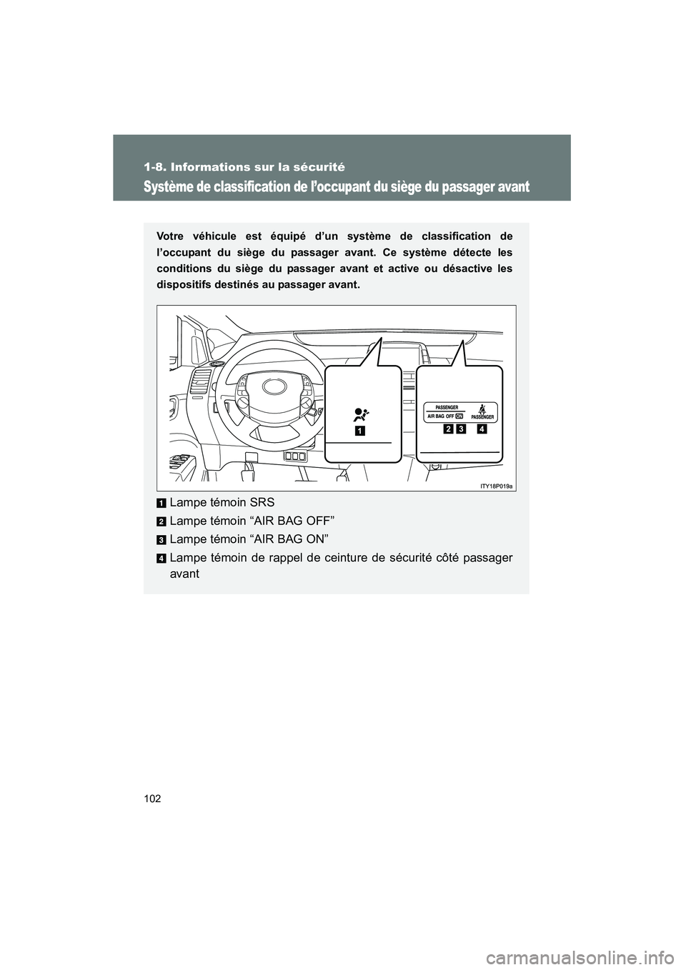 TOYOTA PRIUS 2009  Manuel du propriétaire (in French) 102
1-8. Informations sur la sécurité
PRIUS_D_(OM47614D)
Système de classification de l’occupant du siège du passager avant
Votre véhicule est équipé d’un système de classification de
l’