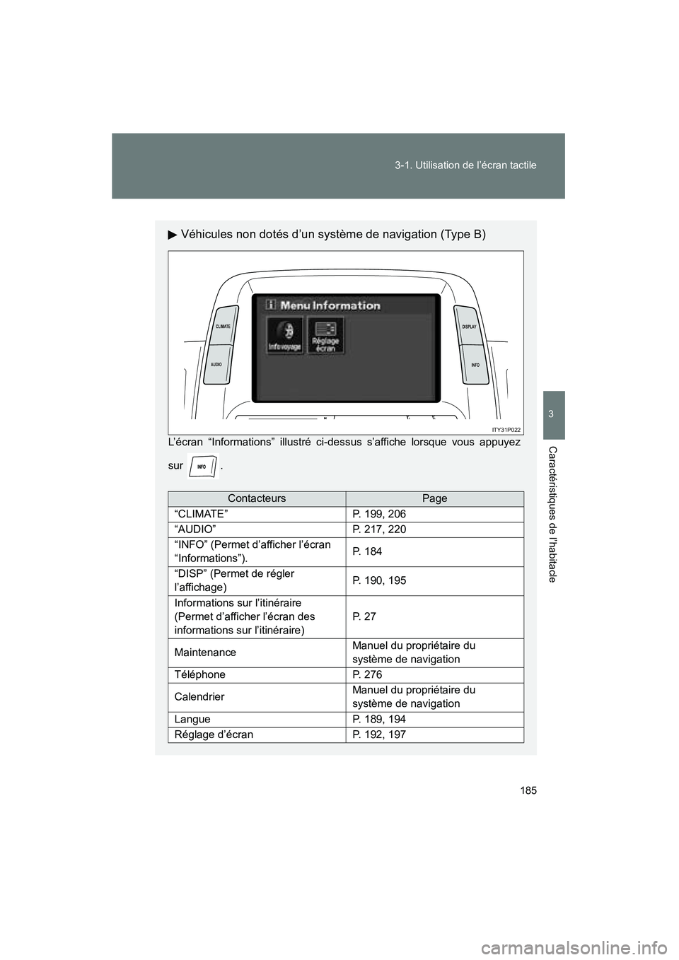 TOYOTA PRIUS 2009  Manuel du propriétaire (in French) 185
3-1. Utilisation de l’écran tactile
3
Caractéristiques de l’habitacle
PRIUS_D_(OM47614D)
Véhicules non dotés d’un système de navigation (Type B)
L’écran “Informations” illustré 