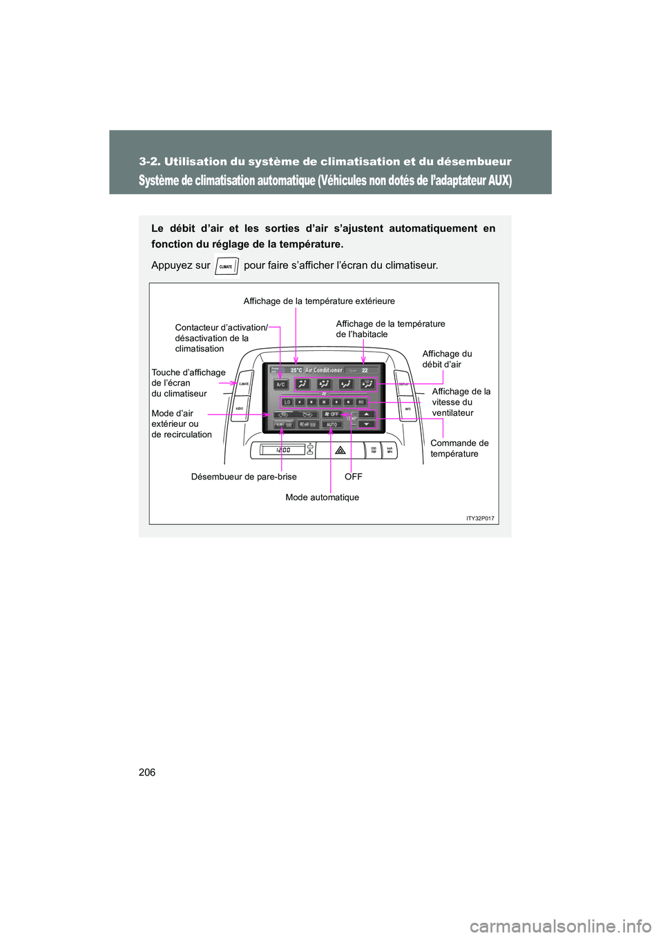 TOYOTA PRIUS 2009  Manuel du propriétaire (in French) 206
3-2. Utilisation du système de climatisation et du désembueur
PRIUS_D_(OM47614D)
Système de climatisation automatique (Véhicules non dotés de l’adaptateur AUX)
Le débit d’air et les sort