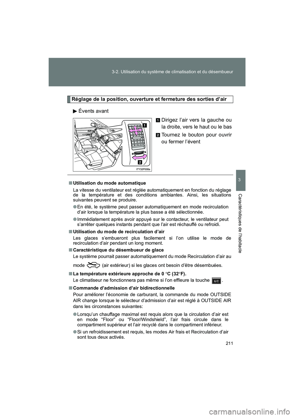 TOYOTA PRIUS 2009  Manuel du propriétaire (in French) 211
3-2. Utilisation du système de climatisation et du désembueur
3
Caractéristiques de l’habitacle
PRIUS_D_(OM47614D)
Réglage de la position, ouverture et fermeture des sorties d’air
Évents 