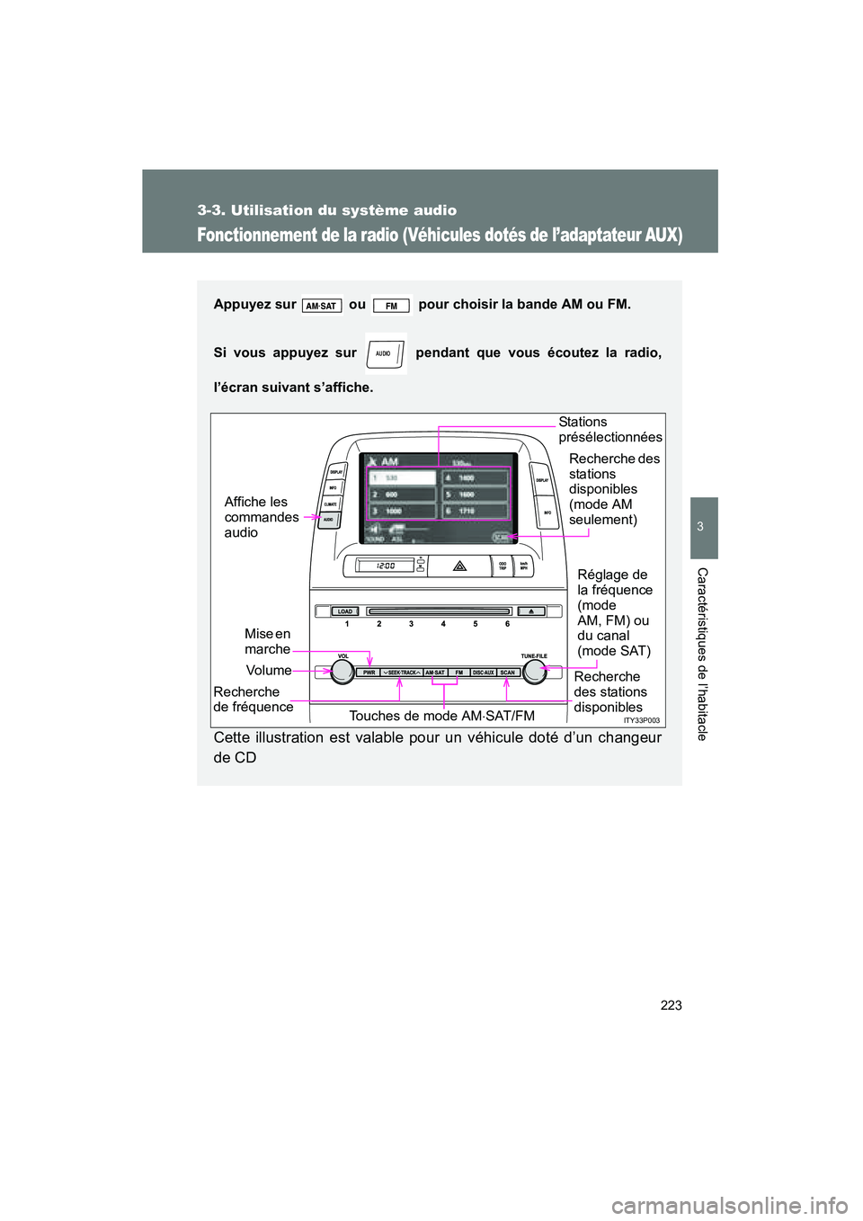 TOYOTA PRIUS 2009  Manuel du propriétaire (in French) 223
3-3. Utilisation du système audio
3
Caractéristiques de l’habitacle
PRIUS_D_(OM47614D)
Fonctionnement de la radio (Véhicules dotés de l’adaptateur AUX)
Appuyez sur   ou   pour choisir la b