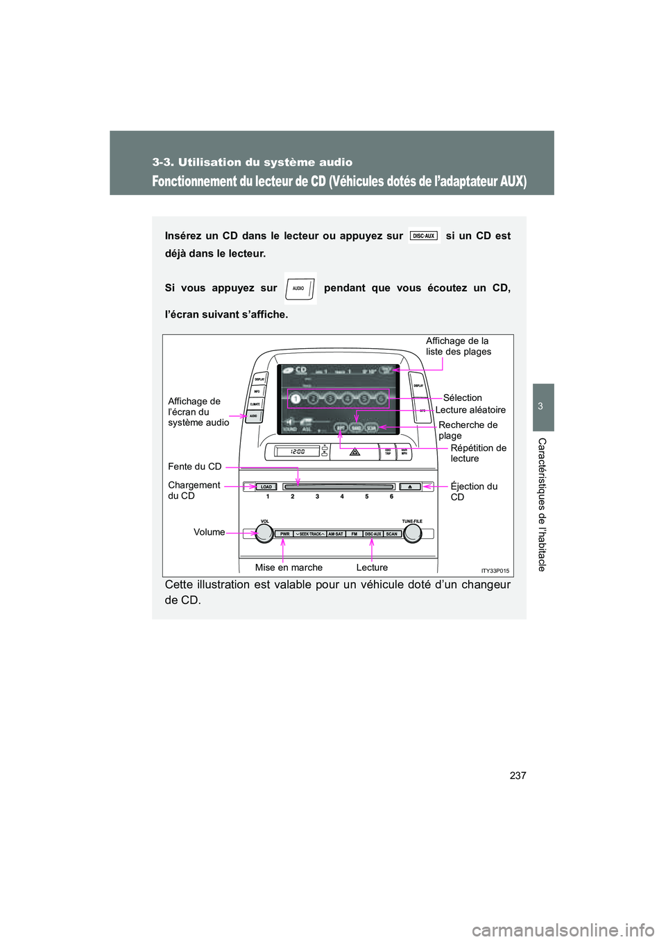 TOYOTA PRIUS 2009  Manuel du propriétaire (in French) 237
3-3. Utilisation du système audio
3
Caractéristiques de l’habitacle
PRIUS_D_(OM47614D)
Fonctionnement du lecteur de CD (Véhicules dotés de l’adaptateur AUX)
Insérez un CD dans le lecteur 