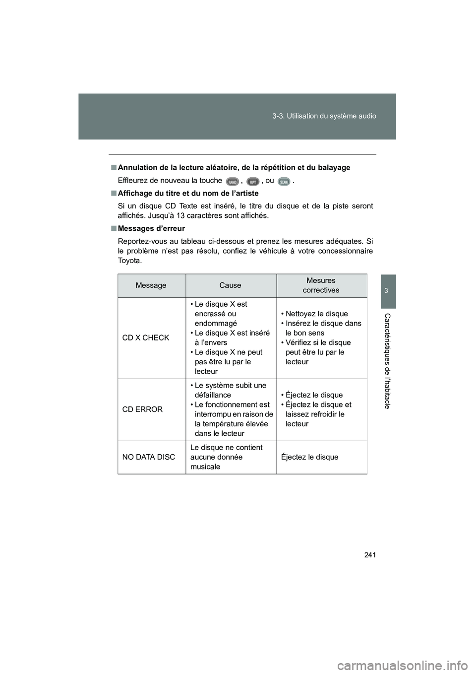 TOYOTA PRIUS 2009  Manuel du propriétaire (in French) 241
3-3. Utilisation du système audio
3
Caractéristiques de l’habitacle
PRIUS_D_(OM47614D)
■
Annulation de la lecture aléatoire, de la répétition et du balayage
Effleurez de nouveau la touche
