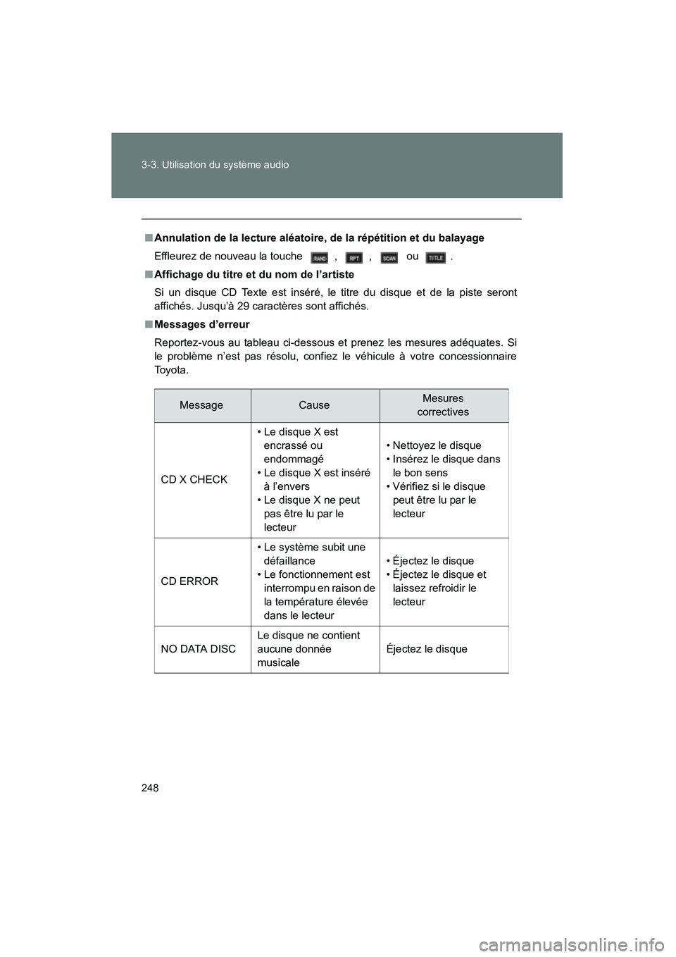 TOYOTA PRIUS 2009  Manuel du propriétaire (in French) 248 3-3. Utilisation du système audio
PRIUS_D_(OM47614D)
■Annulation de la lecture aléatoire, de la répétition et du balayage
Effleurez de nouveau la touche  ,  ,   ou  .
■ Affichage du titre 