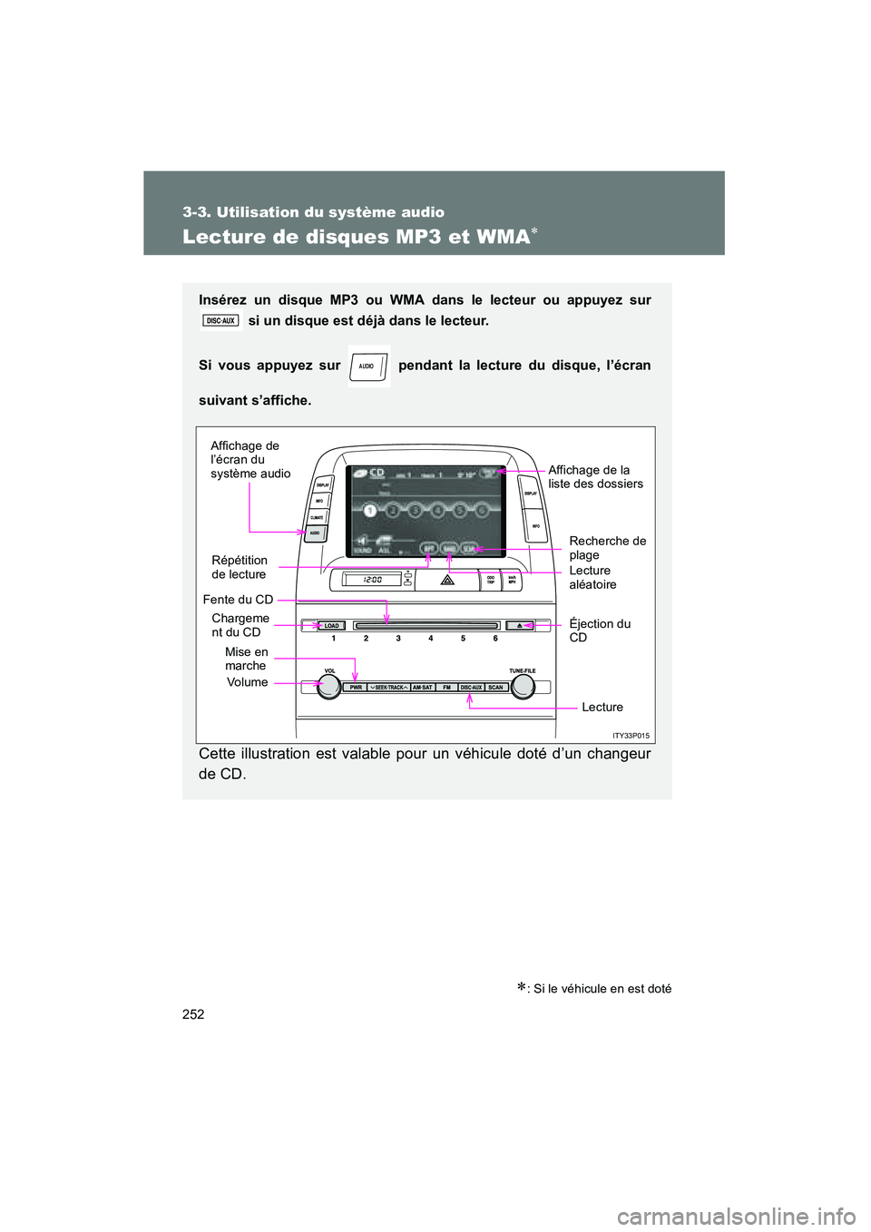 TOYOTA PRIUS 2009  Manuel du propriétaire (in French) 252
3-3. Utilisation du système audio
PRIUS_D_(OM47614D)
Lecture de disques MP3 et WMA∗
∗: Si le véhicule en est doté
Insérez un disque MP3 ou WMA dans le lecteur ou appuyez sur si un disque e