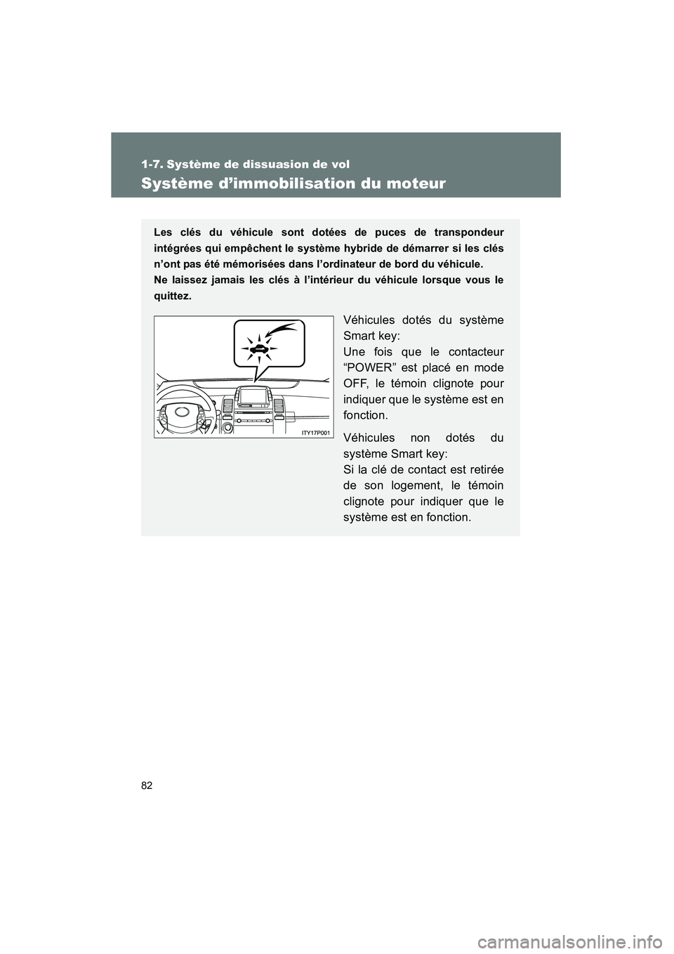 TOYOTA PRIUS 2009  Manuel du propriétaire (in French) 82
PRIUS_D_(OM47614D)
1-7. Système de dissuasion de vol
Système d’immobilisation du moteur
Les clés du véhicule sont dotées de puces de transpondeur
intégrées qui empêchent le système hybri