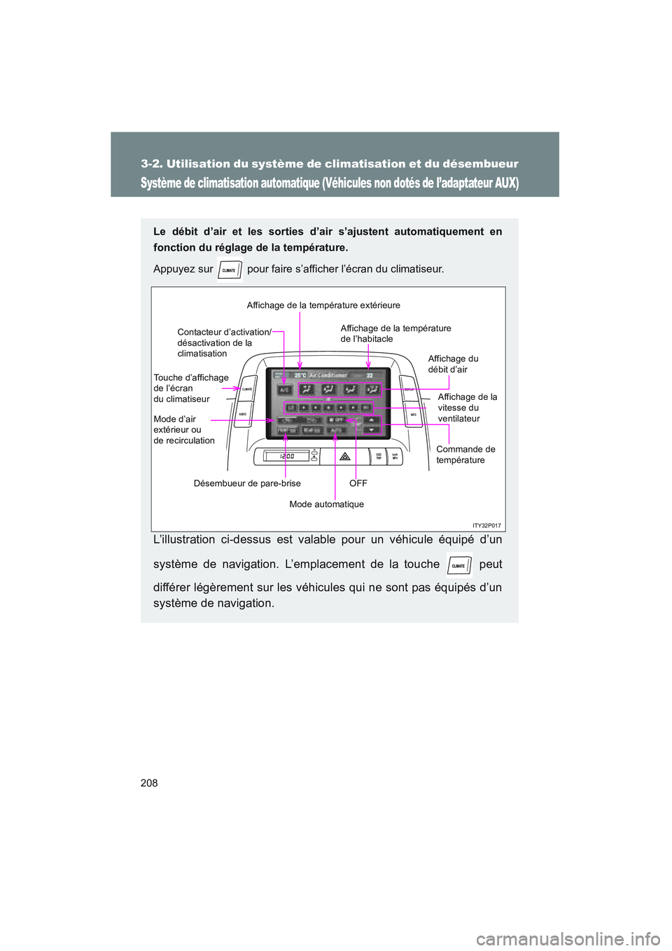 TOYOTA PRIUS 2008  Manuel du propriétaire (in French) 208
3-2. Utilisation du système de climatisation et du désembueur
PRIUS_D_(L/O_0708)
Système de climatisation automatique (Véhicules non dotés de l’adaptateur AUX)
Le débit d’air et les sort