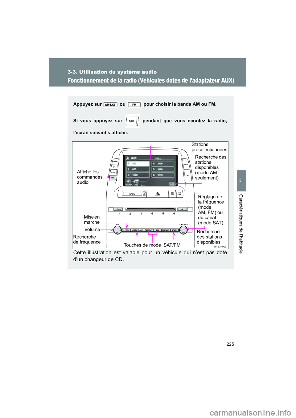 TOYOTA PRIUS 2008  Manuel du propriétaire (in French) 225
3-3. Utilisation du système audio
3
Caractéristiques de l’habitacle
PRIUS_D_(L/O_0708)
Fonctionnement de la radio (Véhicules dotés de l’adaptateur AUX)
Appuyez sur   ou   pour choisir la b