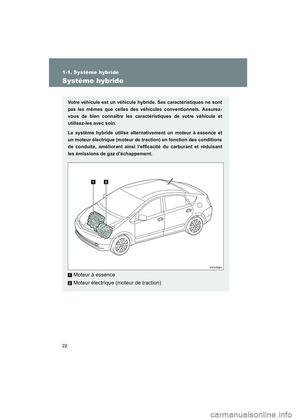 TOYOTA PRIUS 2008 Manuel du propriétaire (in French) 22
PRIUS_D_(L/O_0708)
1-1. Système hybride
Système hybride
Votre véhicule est un véhicule hybride. Ses caractéristiques ne sont
pas les mêmes que celles des véhicules conventionnels. Assurez-
v TOYOTA PRIUS 2008 Manuel du propriétaire (in French) 22
PRIUS_D_(L/O_0708)
1-1. Système hybride
Système hybride
Votre véhicule est un véhicule hybride. Ses caractéristiques ne sont
pas les mêmes que celles des véhicules conventionnels. Assurez-
v