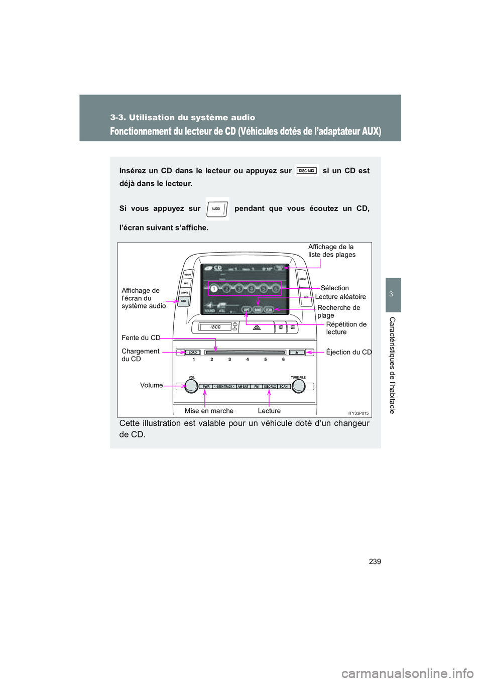 TOYOTA PRIUS 2008  Manuel du propriétaire (in French) 239
3-3. Utilisation du système audio
3
Caractéristiques de l’habitacle
PRIUS_D_(L/O_0708)
Fonctionnement du lecteur de CD (Véhicules dotés de l’adaptateur AUX)
Insérez un CD dans le lecteur 