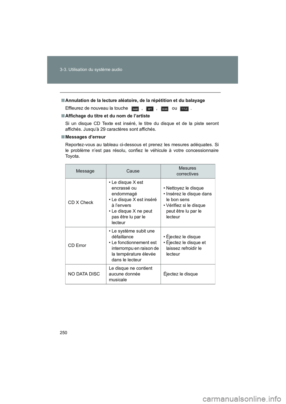 TOYOTA PRIUS 2008 Manuel du propriétaire (in French) 250 3-3. Utilisation du système audio
PRIUS_D_(L/O_0708)
■Annulation de la lecture aléatoire, de la répétition et du balayage
Effleurez de nouveau la touche , , ou .
■ Affichage du titre TOYOTA PRIUS 2008 Manuel du propriétaire (in French) 250 3-3. Utilisation du système audio
PRIUS_D_(L/O_0708)
■Annulation de la lecture aléatoire, de la répétition et du balayage
Effleurez de nouveau la touche , , ou .
■ Affichage du titre