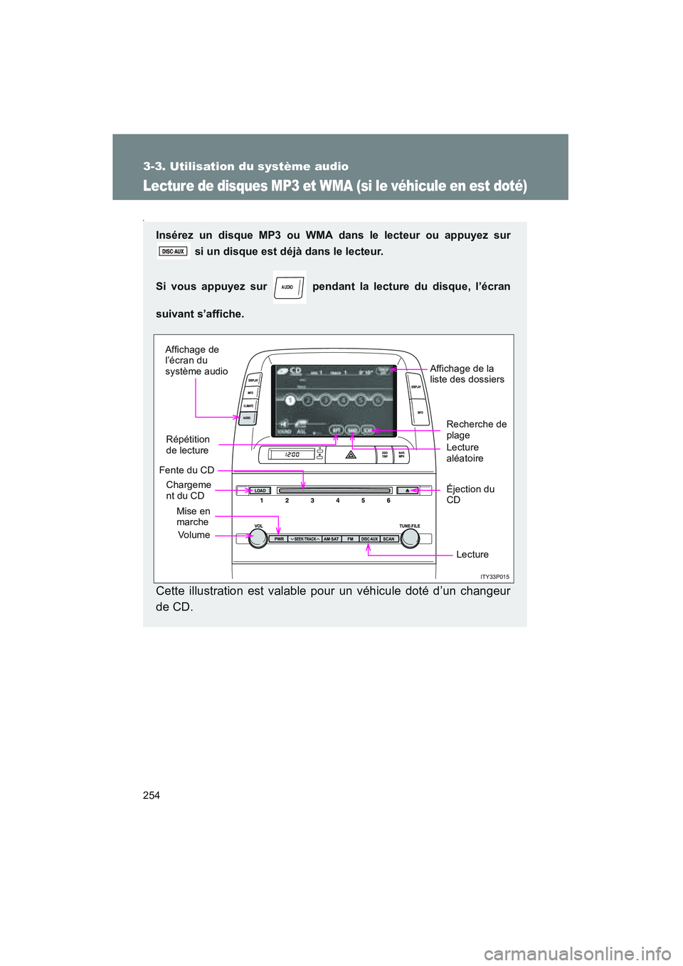 TOYOTA PRIUS 2008 Manuel du propriétaire (in French) 254
3-3. Utilisation du système audio
PRIUS_D_(L/O_0708)
Lecture de disques MP3 et WMA (si le véhicule en est doté)
s
Insérez un disque MP3 ou WMA dans le lecteur ou appuyez sur si un disque est d TOYOTA PRIUS 2008 Manuel du propriétaire (in French) 254
3-3. Utilisation du système audio
PRIUS_D_(L/O_0708)
Lecture de disques MP3 et WMA (si le véhicule en est doté)
s
Insérez un disque MP3 ou WMA dans le lecteur ou appuyez sur si un disque est d