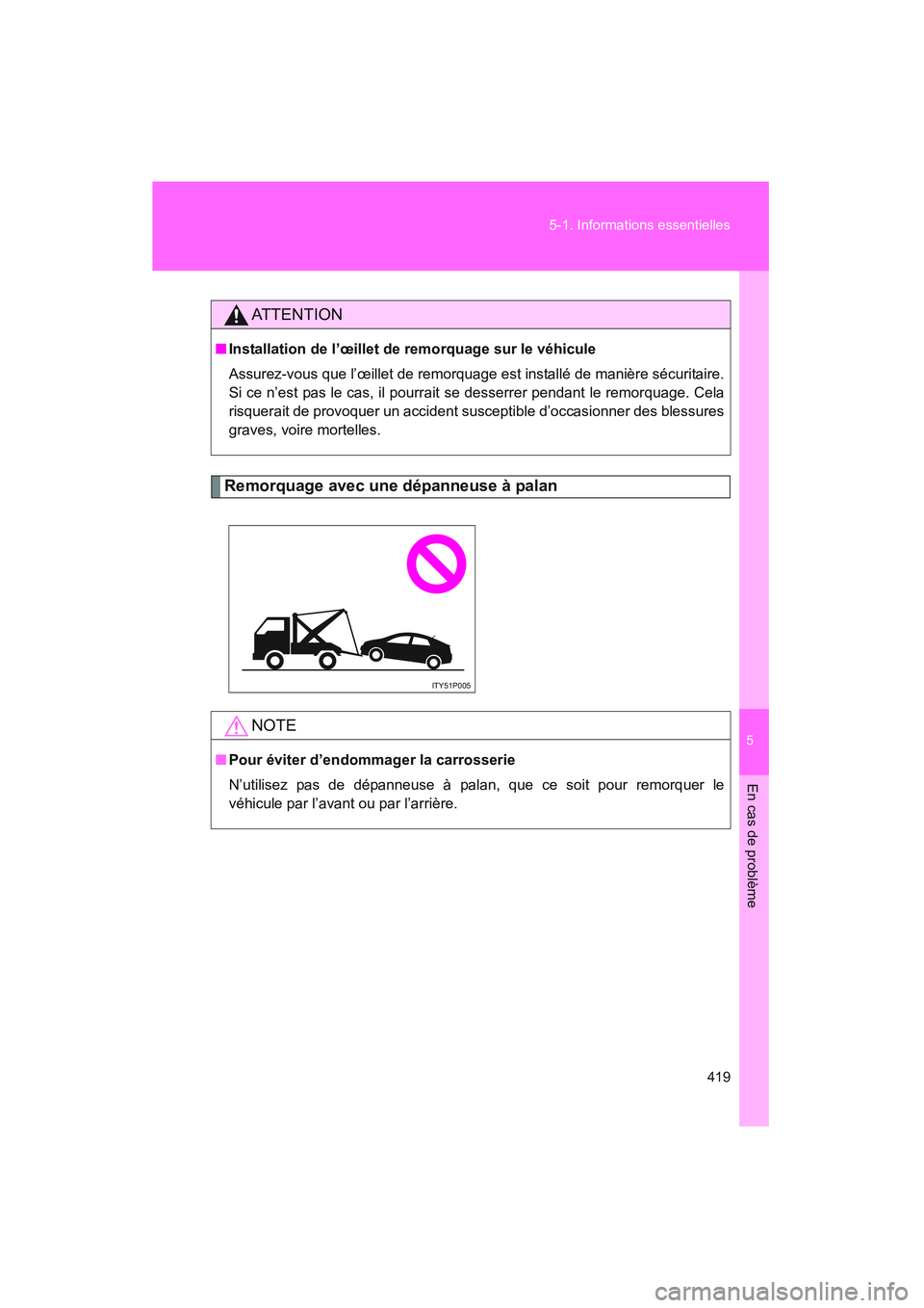 TOYOTA PRIUS 2008  Manuel du propriétaire (in French) 5
En cas de problème
419
5-1. Informations essentielles
PRIUS_D_(L/O_0708)
Remorquage avec une dépanneuse à palan
AT T E N T I O N
■
Installation de l’œillet de remorquage sur le véhicule
Ass