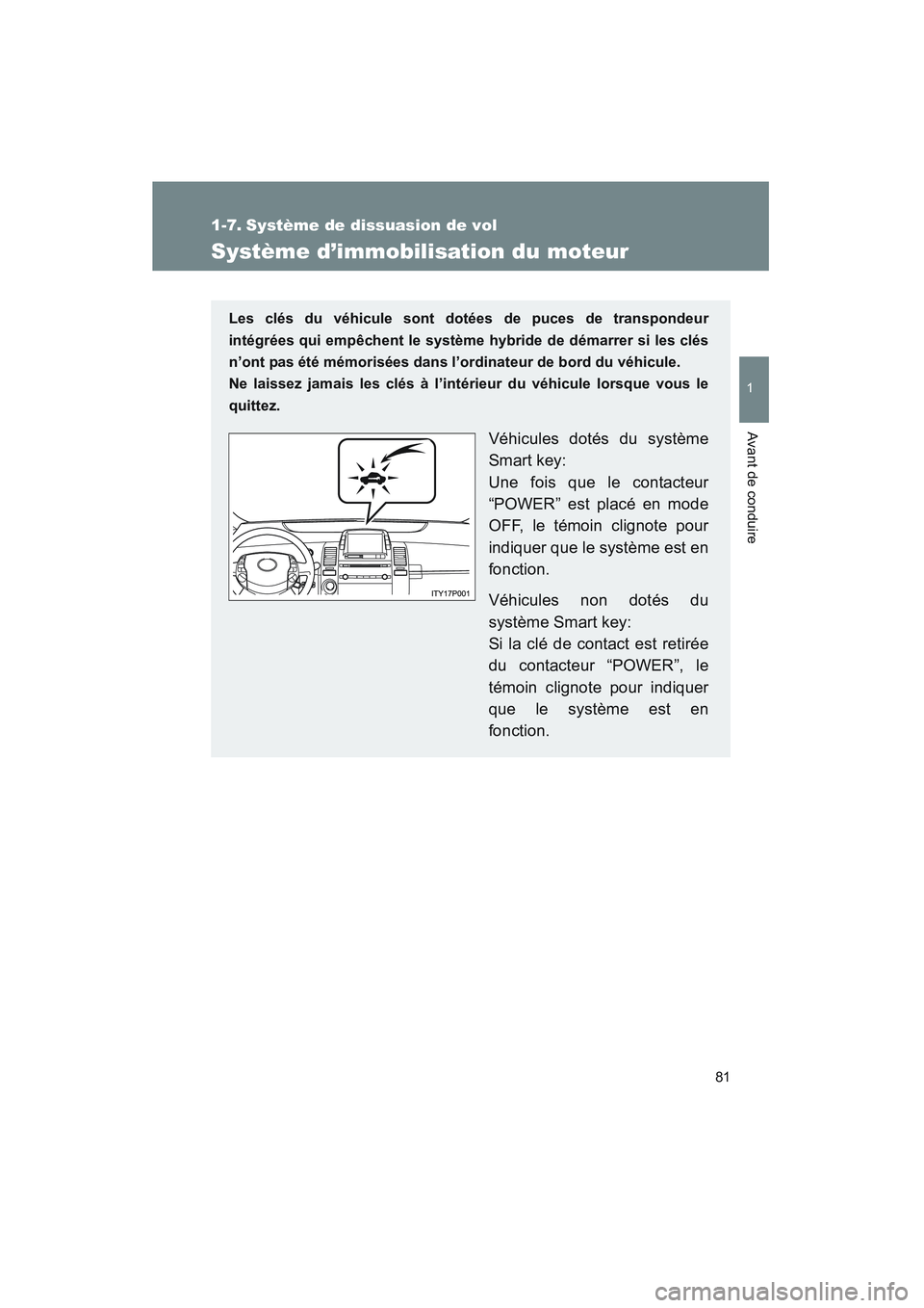 TOYOTA PRIUS 2008 Manuel du propriétaire (in French) 81
1
Avant de conduire
PRIUS_D_(L/O_0708)
1-7. Système de dissuasion de vol
Système d’immobilisation du moteur
Les clés du véhicule sont dotées de puces de transpondeur
intégrées qui empêche TOYOTA PRIUS 2008 Manuel du propriétaire (in French) 81
1
Avant de conduire
PRIUS_D_(L/O_0708)
1-7. Système de dissuasion de vol
Système d’immobilisation du moteur
Les clés du véhicule sont dotées de puces de transpondeur
intégrées qui empêche