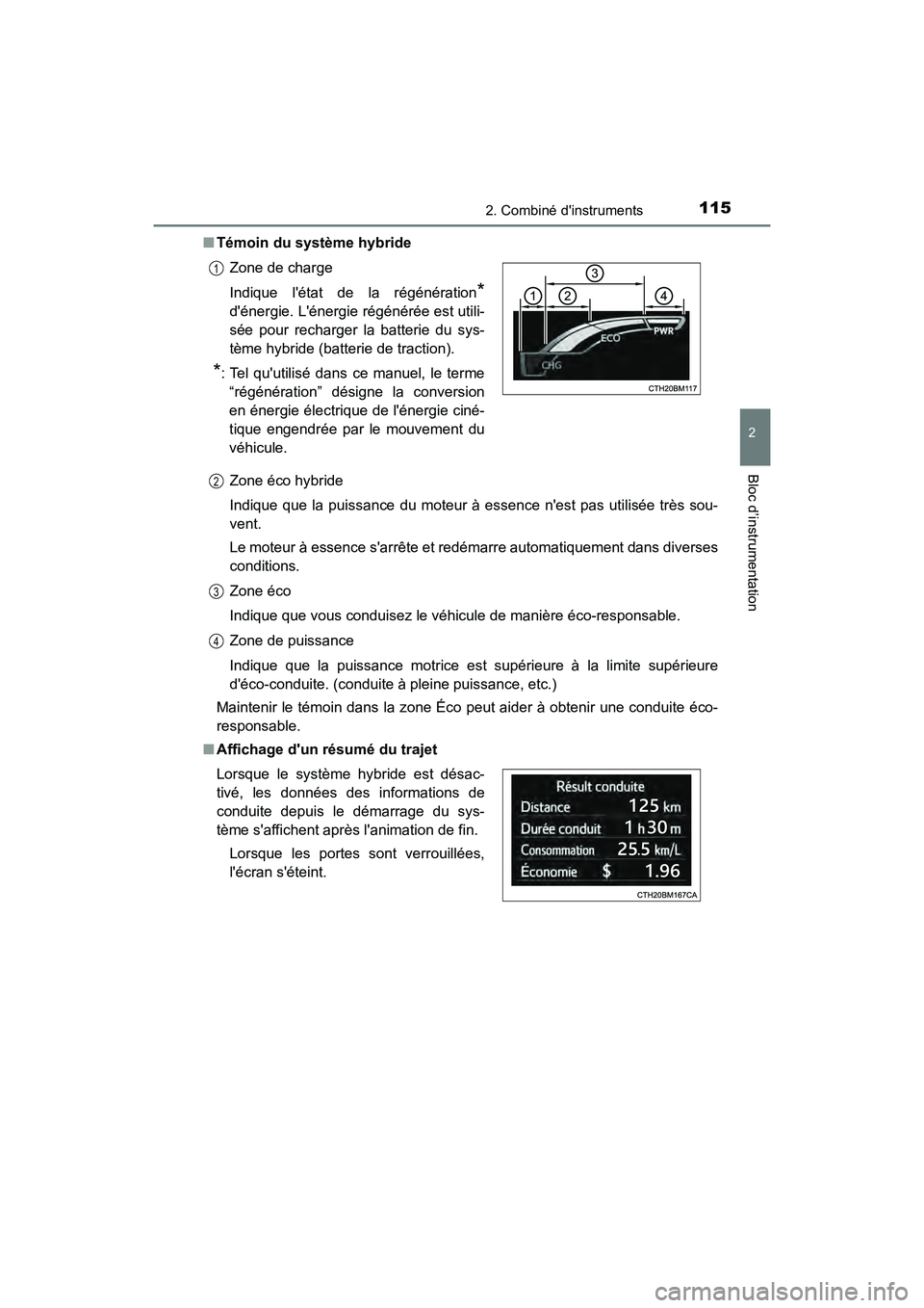 TOYOTA PRIUS C 2020 Manuel du propriétaire (in French) 1152. Combiné dinstruments
2
Bloc d’instrumentation
PRIUS c_D■
Témoin du système hybride
Zone éco hybride
Indique que la puissance du moteur à essence nest pas utilisée très sou-
vent.
Le TOYOTA PRIUS C 2020 Manuel du propriétaire (in French) 1152. Combiné dinstruments
2
Bloc d’instrumentation
PRIUS c_D■
Témoin du système hybride
Zone éco hybride
Indique que la puissance du moteur à essence nest pas utilisée très sou-
vent.
Le