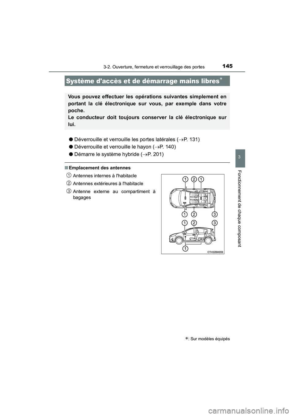 TOYOTA PRIUS C 2020 Manuel du propriétaire (in French) 1453-2. Ouverture, fermeture et verrouillage des portes
3
Fonctionnement de chaque composant
PRIUS c_D
●Déverrouille et verrouille les portes latérales ( P. 131)
● Déverrouille et verrouille TOYOTA PRIUS C 2020 Manuel du propriétaire (in French) 1453-2. Ouverture, fermeture et verrouillage des portes
3
Fonctionnement de chaque composant
PRIUS c_D
●Déverrouille et verrouille les portes latérales ( P. 131)
● Déverrouille et verrouille