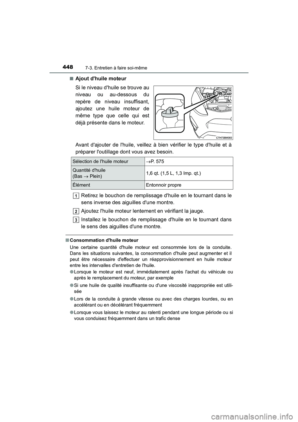 TOYOTA PRIUS C 2020 Manuel du propriétaire (in French) 4487-3. Entretien à faire soi-même
PRIUS c_D■
Ajout dhuile moteur
Si le niveau dhuile se trouve au
niveau ou au-dessous du
repère de niveau insuffisant,
ajoutez une huile moteur de
même type q TOYOTA PRIUS C 2020 Manuel du propriétaire (in French) 4487-3. Entretien à faire soi-même
PRIUS c_D■
Ajout dhuile moteur
Si le niveau dhuile se trouve au
niveau ou au-dessous du
repère de niveau insuffisant,
ajoutez une huile moteur de
même type q