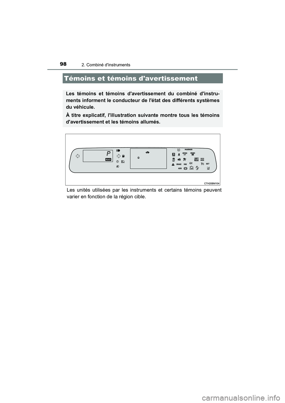 TOYOTA PRIUS C 2020 Manuel du propriétaire (in French) 98
PRIUS c_D
2. Combiné dinstruments
Les unités utilisées par les instruments et certains témoins peuvent
varier en fonction de la région cible.
Témoins et témoins davertissement
Les témoins TOYOTA PRIUS C 2020 Manuel du propriétaire (in French) 98
PRIUS c_D
2. Combiné dinstruments
Les unités utilisées par les instruments et certains témoins peuvent
varier en fonction de la région cible.
Témoins et témoins davertissement
Les témoins