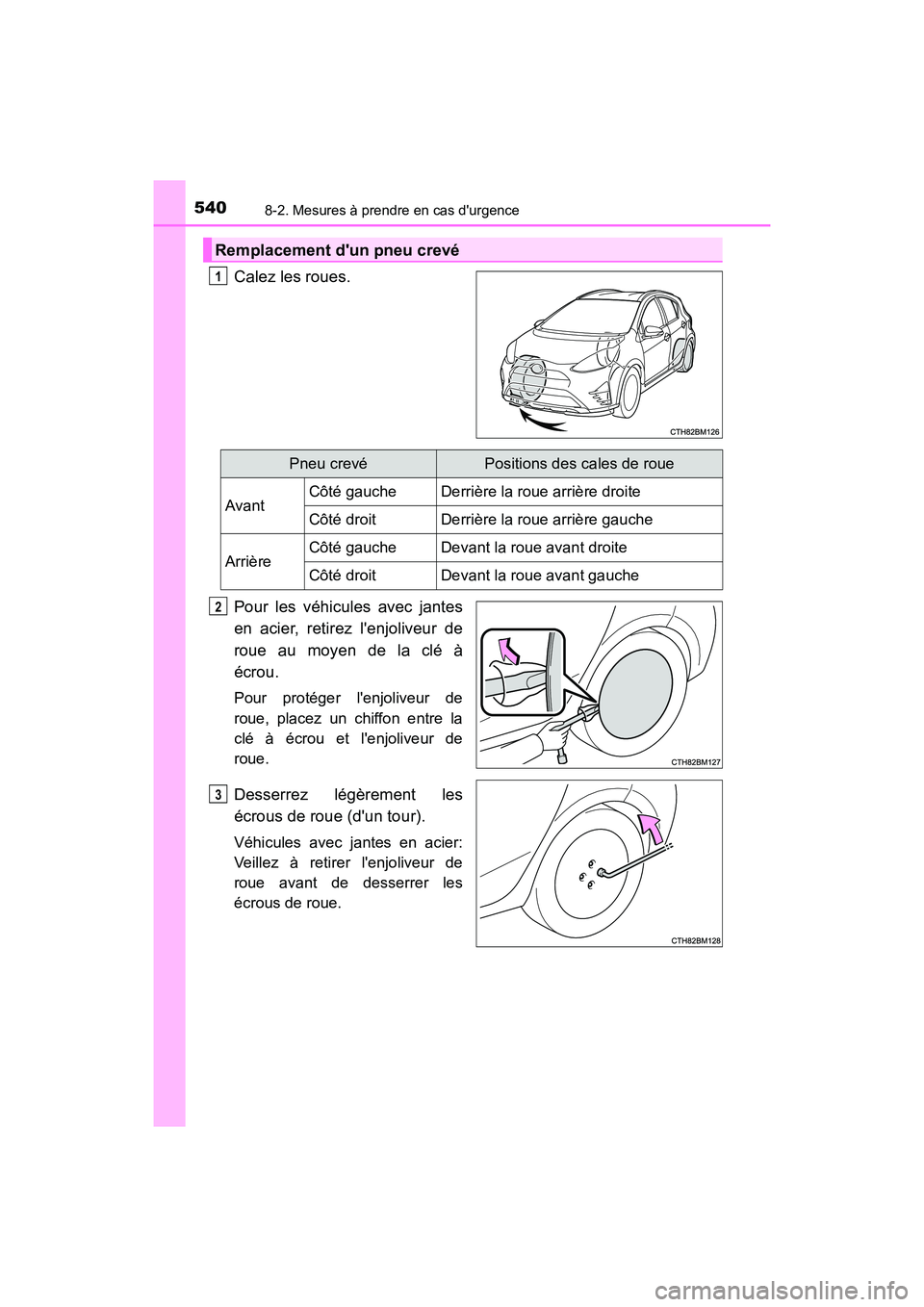TOYOTA PRIUS C 2019  Manuel du propriétaire (in French) 5408-2. Mesures à prendre en cas durgence
PRIUS c_D
Calez les roues.
Pour les véhicules avec jantes
en acier, retirez lenjoliveur de
roue au moyen de la clé à
écrou.
Pour protéger lenjoliveur
