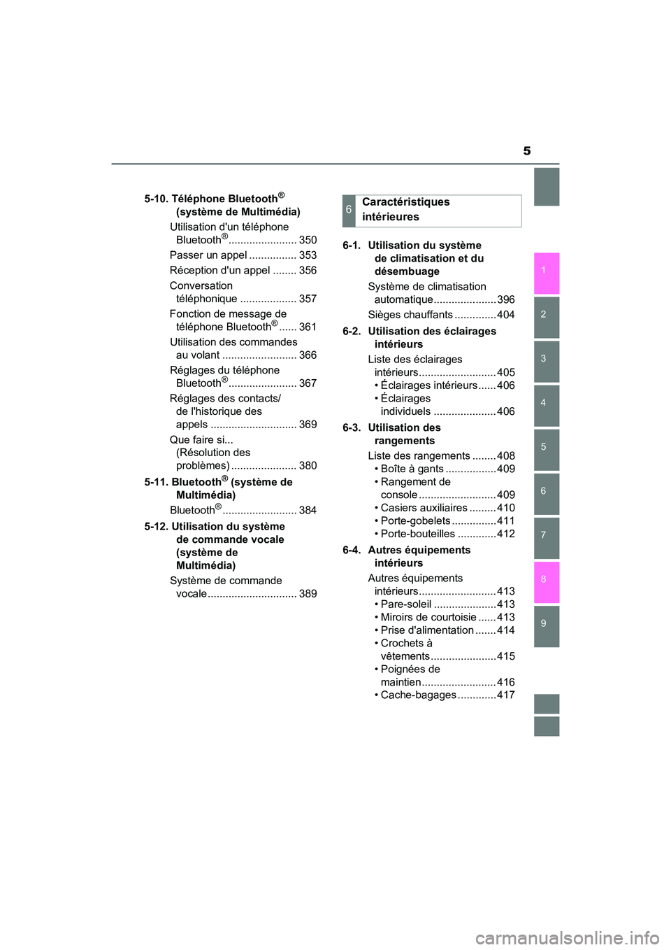 TOYOTA PRIUS C 2019  Manuel du propriétaire (in French) 5
1
7
8 6 5
4
3
2
PRIUS c_D
9
5-10. Téléphone Bluetooth® 
(système de Multimédia)
Utilisation dun téléphone  Bluetooth
®....................... 350
Passer un appel ................ 353
Récep