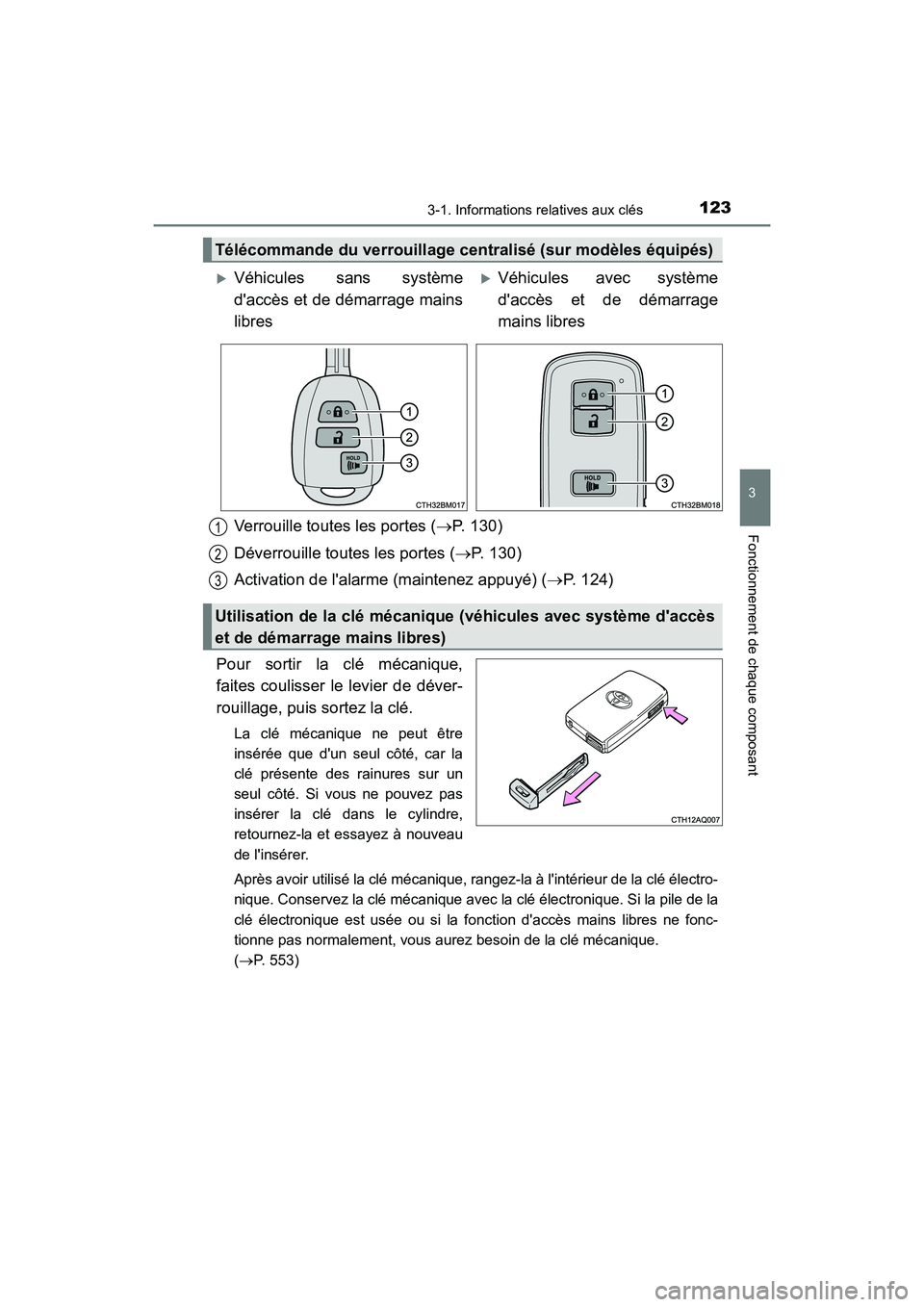 TOYOTA PRIUS C 2018 Manuel du propriétaire (in French) 1233-1. Informations relatives aux clés
3
Fonctionnement de chaque composant
PRIUS c_D (OM52G95D)
Verrouille toutes les portes (P. 130)
Déverrouille toutes les portes ( P. 130)
Activation de TOYOTA PRIUS C 2018 Manuel du propriétaire (in French) 1233-1. Informations relatives aux clés
3
Fonctionnement de chaque composant
PRIUS c_D (OM52G95D)
Verrouille toutes les portes (P. 130)
Déverrouille toutes les portes ( P. 130)
Activation de