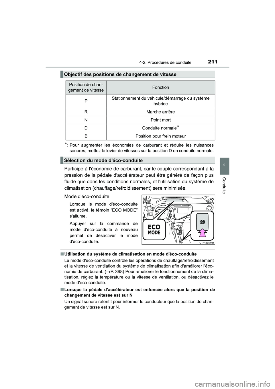 TOYOTA PRIUS C 2018 Manuel du propriétaire (in French) 2114-2. Procédures de conduite
4
Conduite
PRIUS c_D (OM52G95D)
*: Pour augmenter les économies de carburant et réduire les nuisances
sonores, mettez le levier de vitesses sur la position D en cond TOYOTA PRIUS C 2018 Manuel du propriétaire (in French) 2114-2. Procédures de conduite
4
Conduite
PRIUS c_D (OM52G95D)
*: Pour augmenter les économies de carburant et réduire les nuisances
sonores, mettez le levier de vitesses sur la position D en cond