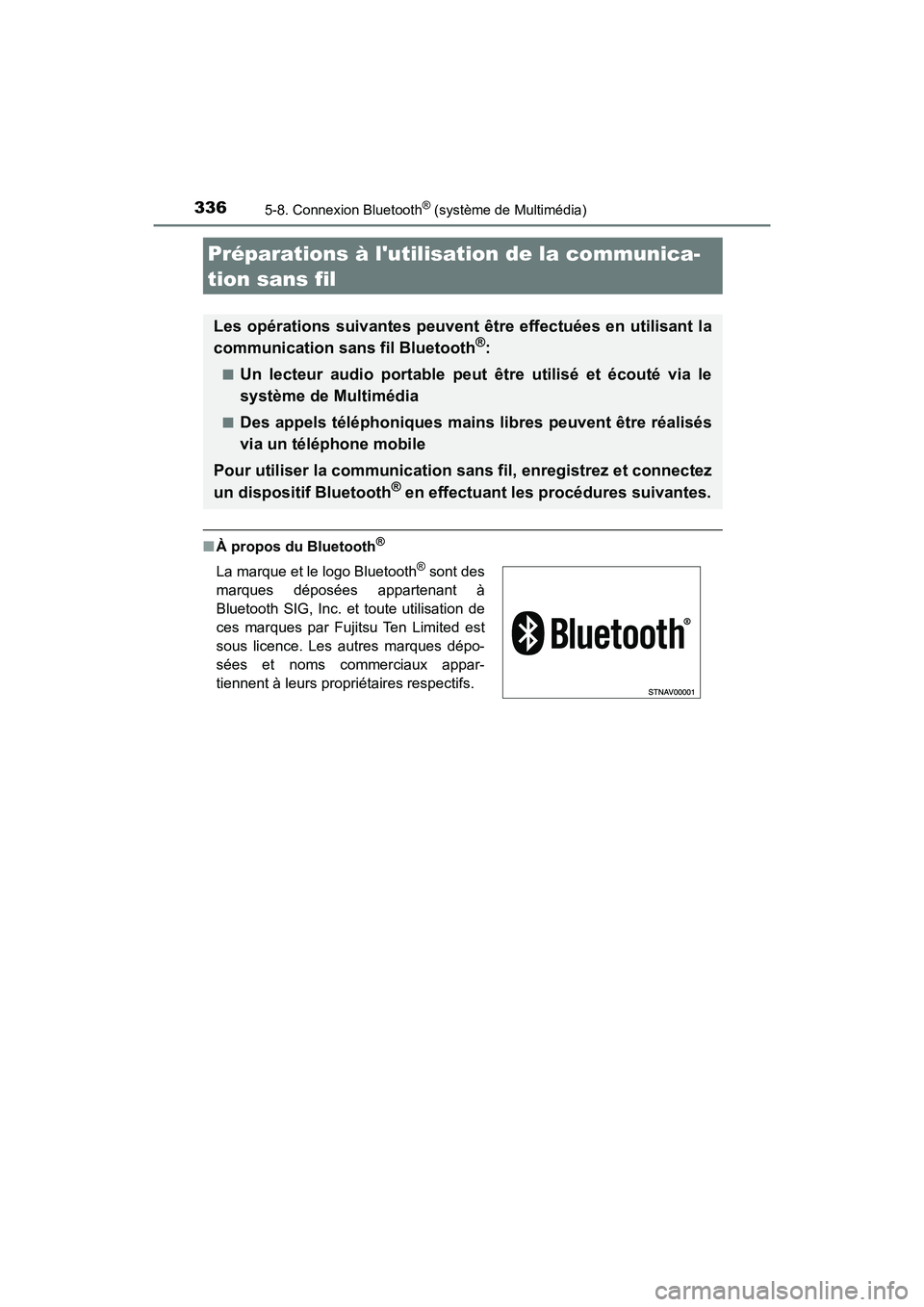 TOYOTA PRIUS C 2018 Manuel du propriétaire (in French) 336
PRIUS c_D (OM52G95D)
5-8. Connexion Bluetooth® (système de Multimédia)
■À propos du Bluetooth®
Préparations à lutilisation de la communica-
tion sans fil
Les opérations suivantes peuve TOYOTA PRIUS C 2018 Manuel du propriétaire (in French) 336
PRIUS c_D (OM52G95D)
5-8. Connexion Bluetooth® (système de Multimédia)
■À propos du Bluetooth®
Préparations à lutilisation de la communica-
tion sans fil
Les opérations suivantes peuve