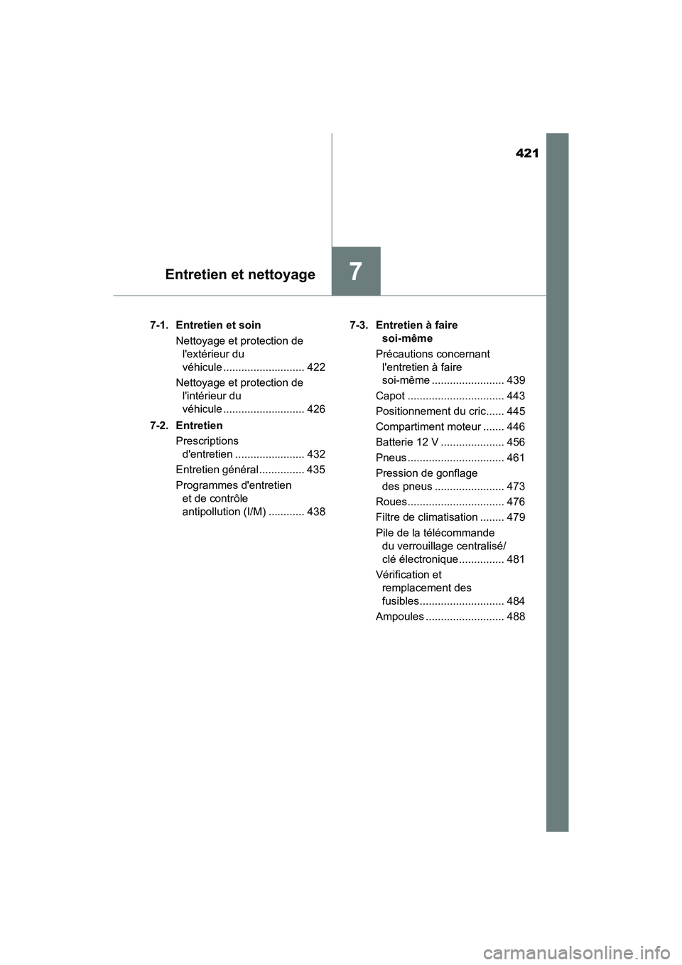 TOYOTA PRIUS C 2018 Manuel du propriétaire (in French) 421
7Entretien et nettoyage
PRIUS c_D (OM52G95D)
7-1. Entretien et soin
Nettoyage et protection de
lextérieur du
véhicule ........................... 422
Nettoyage et protection de
linté TOYOTA PRIUS C 2018 Manuel du propriétaire (in French) 421
7Entretien et nettoyage
PRIUS c_D (OM52G95D)
7-1. Entretien et soin
Nettoyage et protection de
lextérieur du
véhicule ........................... 422
Nettoyage et protection de
linté