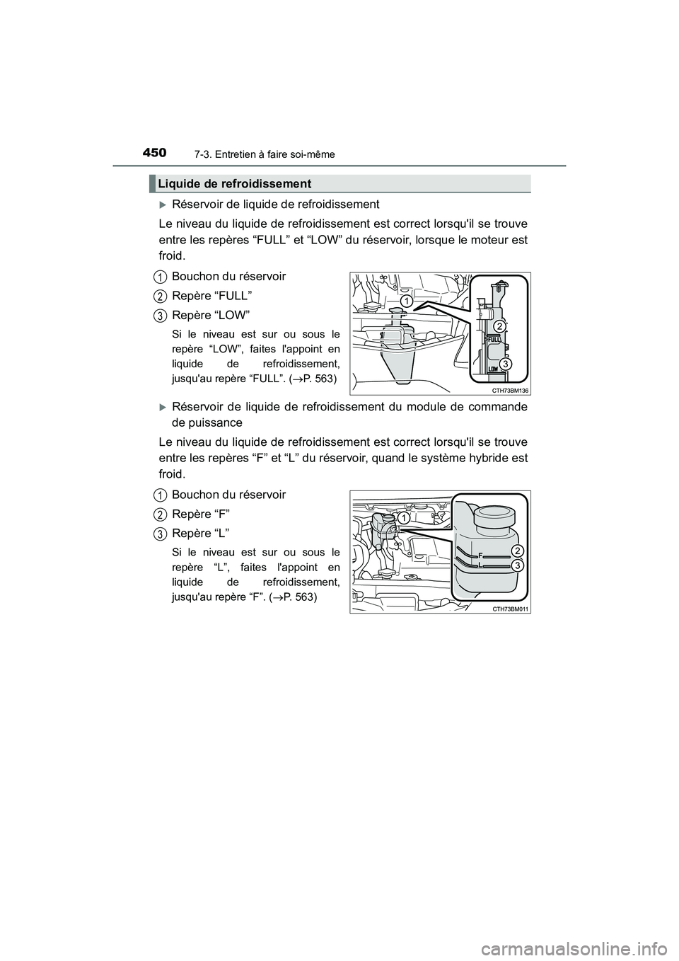 TOYOTA PRIUS C 2018  Manuel du propriétaire (in French) 4507-3. Entretien à faire soi-même
PRIUS c_D (OM52G95D)
Réservoir de liquide de refroidissement 
Le niveau du liquide de refroidissement est correct lorsquil se trouve 
entre les repères “FU