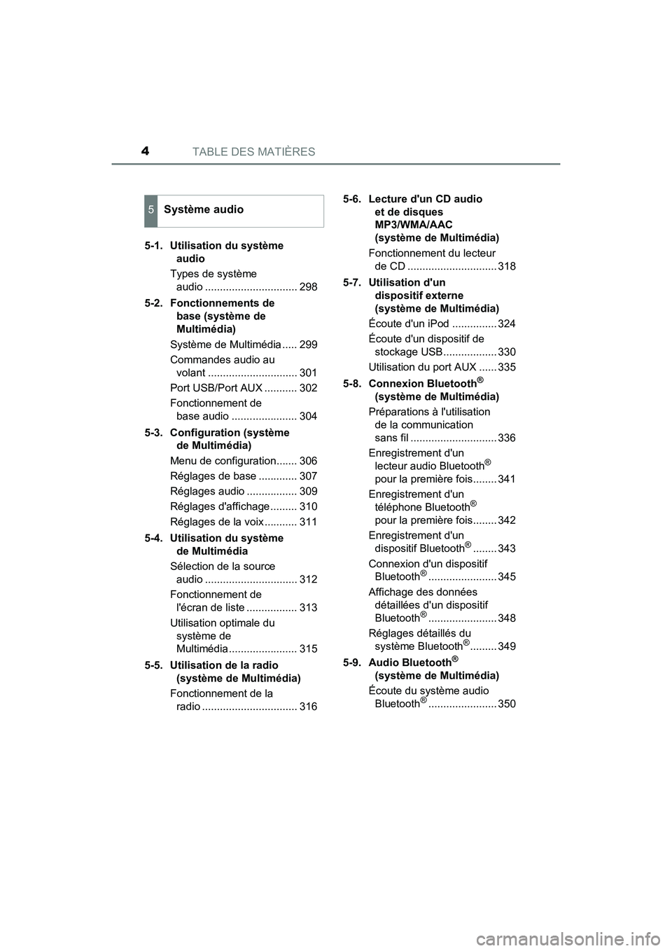 TOYOTA PRIUS C 2018  Manuel du propriétaire (in French) TABLE DES MATIÈRES4
PRIUS c_D (OM52G95D) 
5-1.  Utilisation du système  
audio 
Types de système  
audio ............................... 298 
5-2. Fonctionnements de  
base (système de 
Multimédi