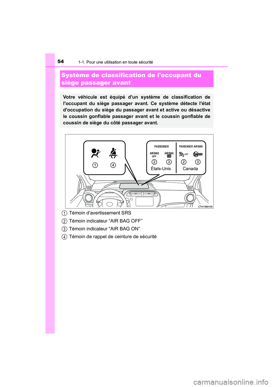 TOYOTA PRIUS C 2018  Manuel du propriétaire (in French) 541-1. Pour une utilisation en toute sécurité
PRIUS c_D (OM52G95D)
Témoin davertissement SRS 
Témoin indicateur  “AIR BAG OFF” 
Témoin indicateur “AIR BAG ON” 
Témoin de rappel de ceint