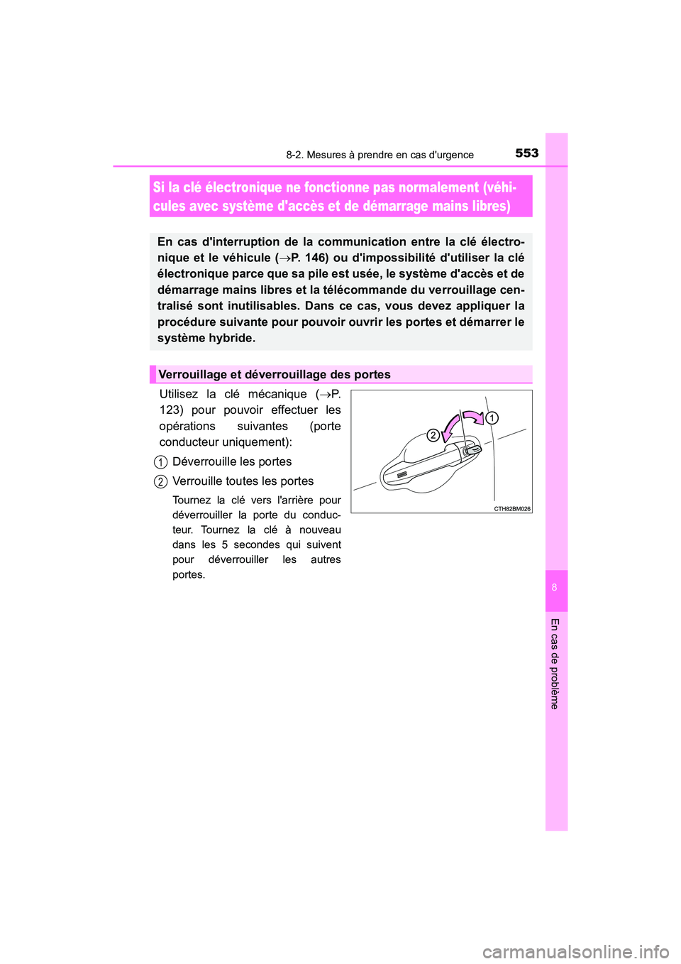 TOYOTA PRIUS C 2018 Manuel du propriétaire (in French) 5538-2. Mesures à prendre en cas durgence
8
En cas de problème
PRIUS c_D (OM52G95D)
Utilisez la clé mécanique (P.
123) pour pouvoir effectuer les
opérations suivantes (porte
conducteur uniq TOYOTA PRIUS C 2018 Manuel du propriétaire (in French) 5538-2. Mesures à prendre en cas durgence
8
En cas de problème
PRIUS c_D (OM52G95D)
Utilisez la clé mécanique (P.
123) pour pouvoir effectuer les
opérations suivantes (porte
conducteur uniq