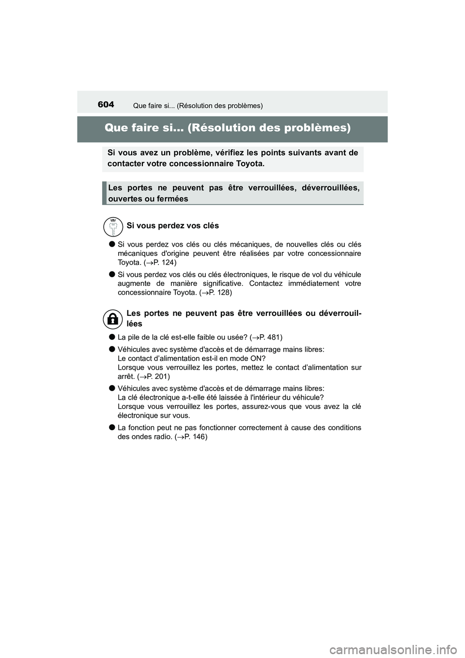 TOYOTA PRIUS C 2018 Manuel du propriétaire (in French) 604
PRIUS c_D (OM52G95D)
Que faire si... (Résolution des problèmes)
Que faire si... (Résolution des problèmes)
●Si vous perdez vos clés ou clés mécaniques, de nouvelles clés ou clés
mécan TOYOTA PRIUS C 2018 Manuel du propriétaire (in French) 604
PRIUS c_D (OM52G95D)
Que faire si... (Résolution des problèmes)
Que faire si... (Résolution des problèmes)
●Si vous perdez vos clés ou clés mécaniques, de nouvelles clés ou clés
mécan