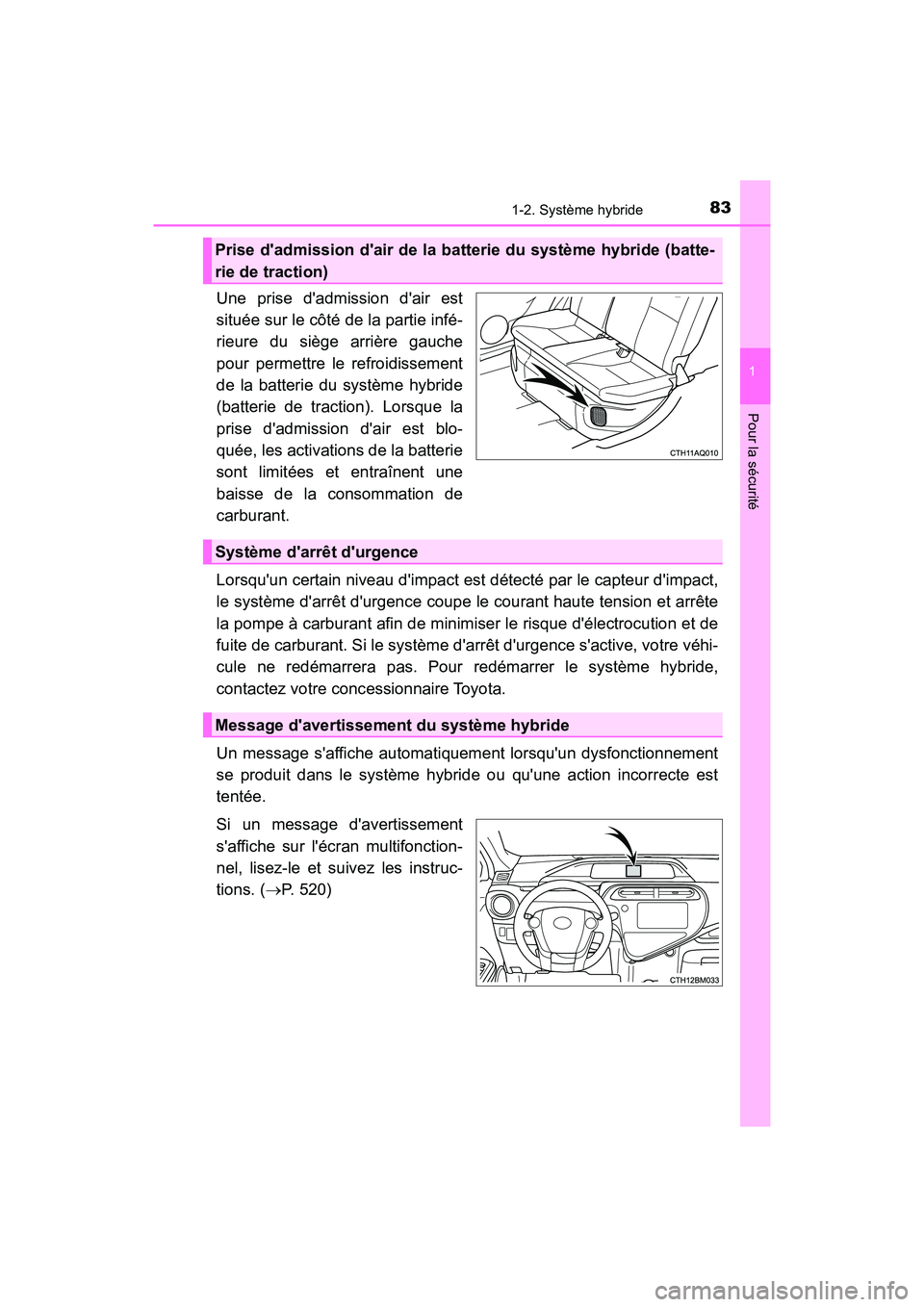 TOYOTA PRIUS C 2018  Manuel du propriétaire (in French) 831-2. Système hybride
1
Pour la sécurité
PRIUS c_D (OM52G95D)
Une prise dadmission dair est 
située sur le côté de la partie infé- 
rieure du siège arrière gauche 
pour permettre le refroi