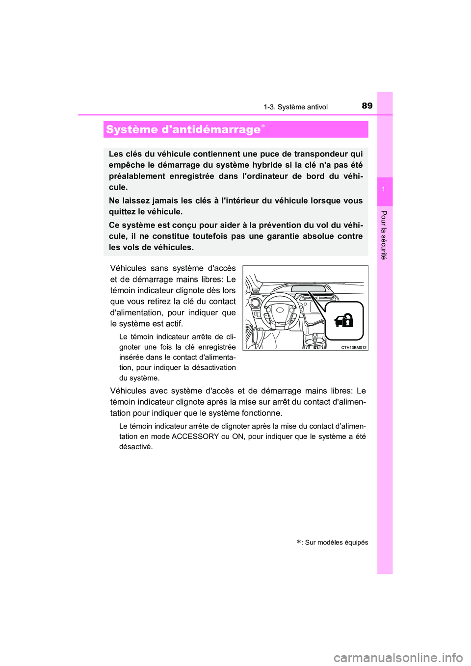 TOYOTA PRIUS C 2018  Manuel du propriétaire (in French) 89
1
Pour la sécurité
PRIUS c_D (OM52G95D)
1-3. Système antivol
Véhicules sans système daccès 
et de démarrage mains libres: Le 
témoin indicateur clignote dès lors
que vous retirez la clé 