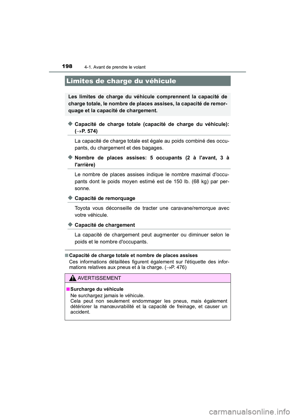 TOYOTA PRIUS C 2017 Manuel du propriétaire (in French) 1984-1. Avant de prendre le volant
PRIUS c_D (OM52J11D)
◆Capacité de charge totale (capacité de charge du véhicule):
( P. 574)
La capacité de charge totale est égale au poids combiné des oc TOYOTA PRIUS C 2017 Manuel du propriétaire (in French) 1984-1. Avant de prendre le volant
PRIUS c_D (OM52J11D)
◆Capacité de charge totale (capacité de charge du véhicule):
( P. 574)
La capacité de charge totale est égale au poids combiné des oc