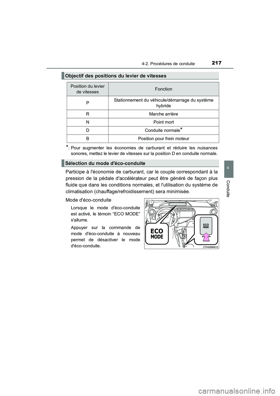 TOYOTA PRIUS C 2017 Manuel du propriétaire (in French) 2174-2. Procédures de conduite
4
Conduite
PRIUS c_D (OM52J11D)
*: Pour augmenter les économies de carburant et réduire les nuisancessonores, mettez le levier de vitesses sur la position D en condui TOYOTA PRIUS C 2017 Manuel du propriétaire (in French) 2174-2. Procédures de conduite
4
Conduite
PRIUS c_D (OM52J11D)
*: Pour augmenter les économies de carburant et réduire les nuisancessonores, mettez le levier de vitesses sur la position D en condui