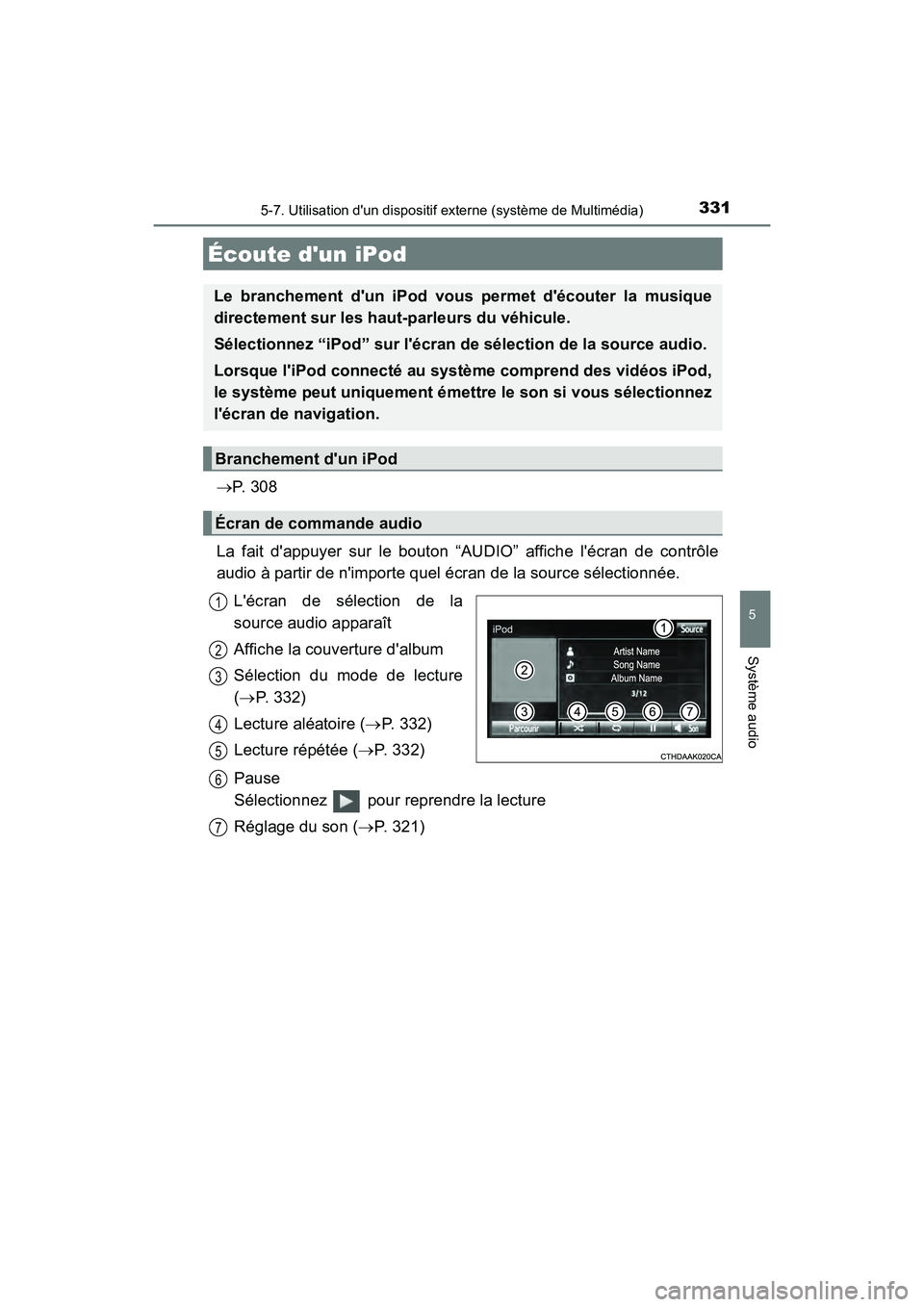 TOYOTA PRIUS C 2017 Manuel du propriétaire (in French) 331
5
Système audio
PRIUS c_D (OM52J11D)
5-7. Utilisation dun dispositif externe (système de Multimédia)
P. 3 0 8
La fait dappuyer sur le bouton “AUDIO” affiche lécran de contrôle
audi TOYOTA PRIUS C 2017 Manuel du propriétaire (in French) 331
5
Système audio
PRIUS c_D (OM52J11D)
5-7. Utilisation dun dispositif externe (système de Multimédia)
P. 3 0 8
La fait dappuyer sur le bouton “AUDIO” affiche lécran de contrôle
audi