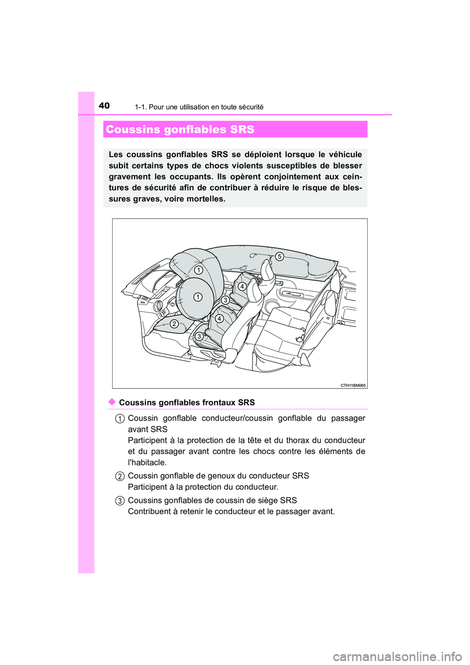 TOYOTA PRIUS C 2017 Manuel du propriétaire (in French) 401-1. Pour une utilisation en toute sécurité
PRIUS c_D (OM52J11D)
◆Coussins gonflables frontaux SRSCoussin gonflable conducteur/coussin gonflable du passager
avant SRS
Participent à la protectio TOYOTA PRIUS C 2017 Manuel du propriétaire (in French) 401-1. Pour une utilisation en toute sécurité
PRIUS c_D (OM52J11D)
◆Coussins gonflables frontaux SRSCoussin gonflable conducteur/coussin gonflable du passager
avant SRS
Participent à la protectio
