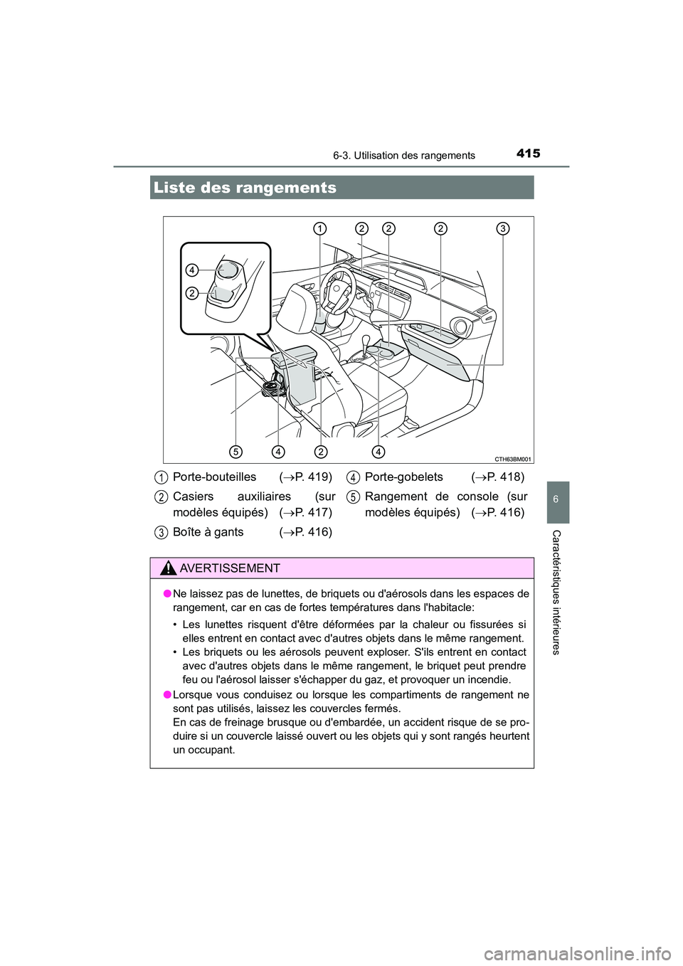 TOYOTA PRIUS C 2017 Manuel du propriétaire (in French) 415
6
Caractéristiques intérieures
PRIUS c_D (OM52J11D)
6-3. Utilisation des rangements
Liste des rangements
Porte-bouteilles (P. 419)
Casiers auxiliaires (sur
modèles équipés) ( P. 417)
Bo TOYOTA PRIUS C 2017 Manuel du propriétaire (in French) 415
6
Caractéristiques intérieures
PRIUS c_D (OM52J11D)
6-3. Utilisation des rangements
Liste des rangements
Porte-bouteilles (P. 419)
Casiers auxiliaires (sur
modèles équipés) ( P. 417)
Bo