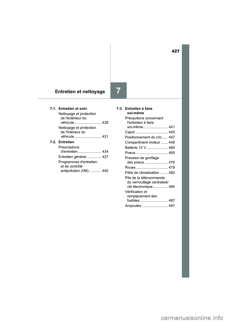 TOYOTA PRIUS C 2017 Manuel du propriétaire (in French) 427
7Entretien et nettoyage
PRIUS c_D (OM52J11D)7-1. Entretien et soin
Nettoyage et protection de lextérieur du
véhicule ........................... 428
Nettoyage et protection de lintérieur d TOYOTA PRIUS C 2017 Manuel du propriétaire (in French) 427
7Entretien et nettoyage
PRIUS c_D (OM52J11D)7-1. Entretien et soin
Nettoyage et protection de lextérieur du
véhicule ........................... 428
Nettoyage et protection de lintérieur d