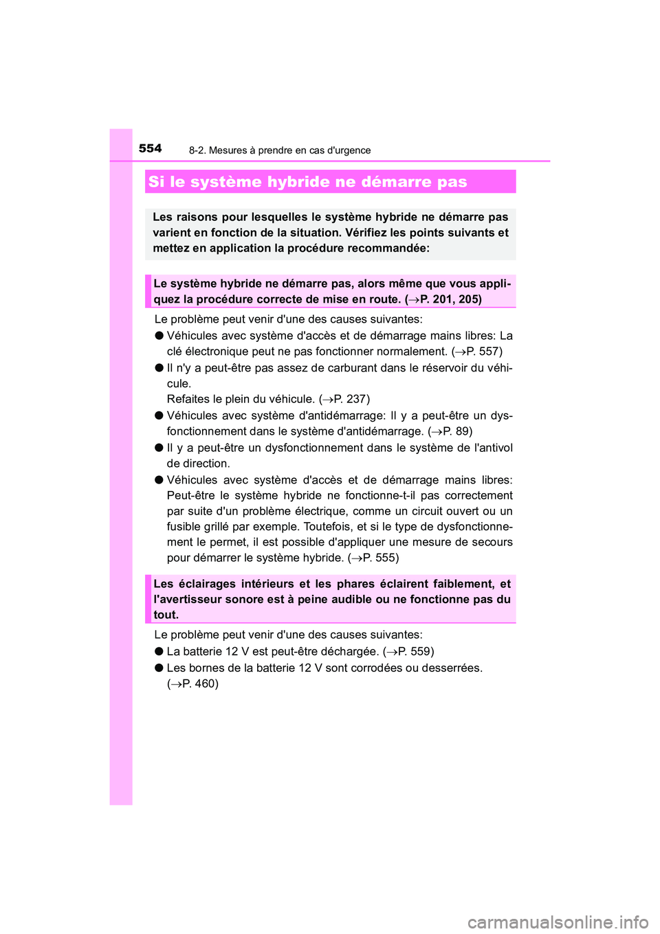 TOYOTA PRIUS C 2017 Manuel du propriétaire (in French) 5548-2. Mesures à prendre en cas durgence
PRIUS c_D (OM52J11D)
Le problème peut venir dune des causes suivantes:
●Véhicules avec système daccès et de démarrage mains libres: La
clé électr TOYOTA PRIUS C 2017 Manuel du propriétaire (in French) 5548-2. Mesures à prendre en cas durgence
PRIUS c_D (OM52J11D)
Le problème peut venir dune des causes suivantes:
●Véhicules avec système daccès et de démarrage mains libres: La
clé électr