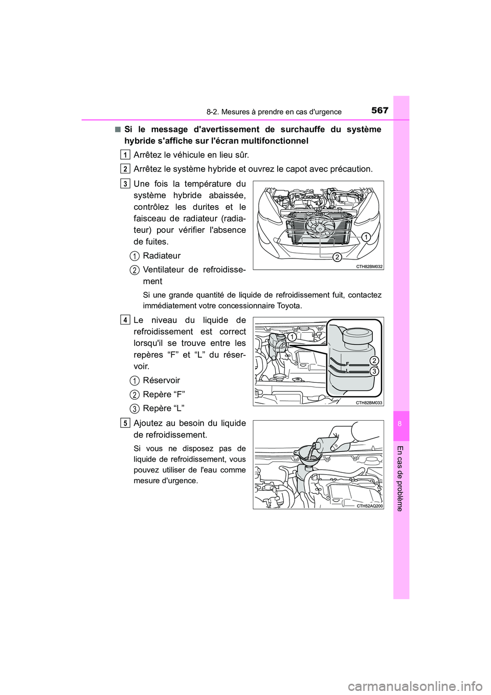 TOYOTA PRIUS C 2017 Manuel du propriétaire (in French) 5678-2. Mesures à prendre en cas durgence
8
En cas de problème
PRIUS c_D (OM52J11D)■
Si le message davertissement de surchauffe du système
hybride saffiche sur lécran multifonctionnel
Arrêt TOYOTA PRIUS C 2017 Manuel du propriétaire (in French) 5678-2. Mesures à prendre en cas durgence
8
En cas de problème
PRIUS c_D (OM52J11D)■
Si le message davertissement de surchauffe du système
hybride saffiche sur lécran multifonctionnel
Arrêt