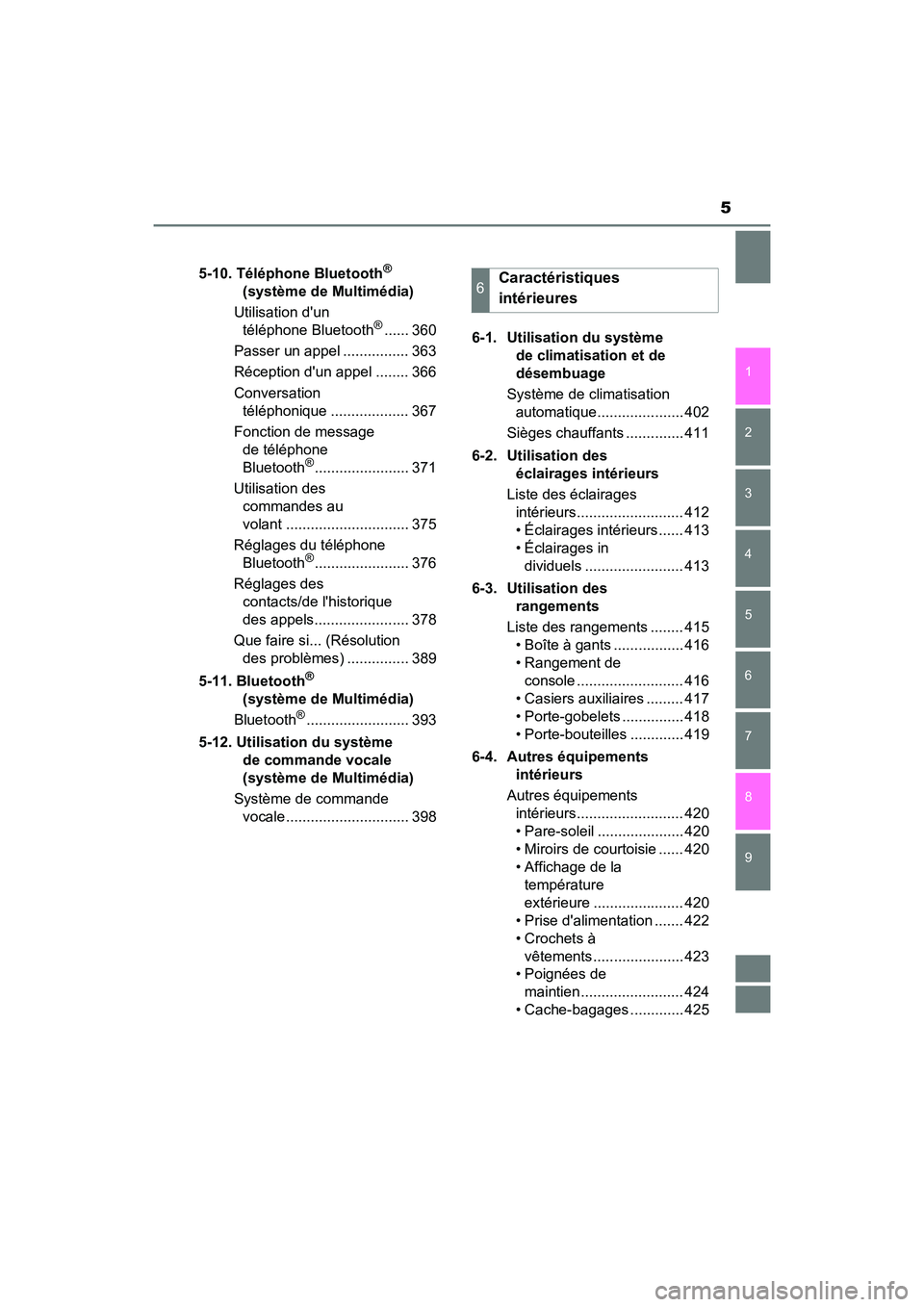 TOYOTA PRIUS C 2017  Manuel du propriétaire (in French) 5
1
8 7
6
5
4
3
2
PRIUS c_D (OM52J11D)
9
5-10. Téléphone Bluetooth® 
(système de Multimédia)
Utilisation dun  téléphone Bluetooth
®...... 360
Passer un appel ................ 363
Réception d