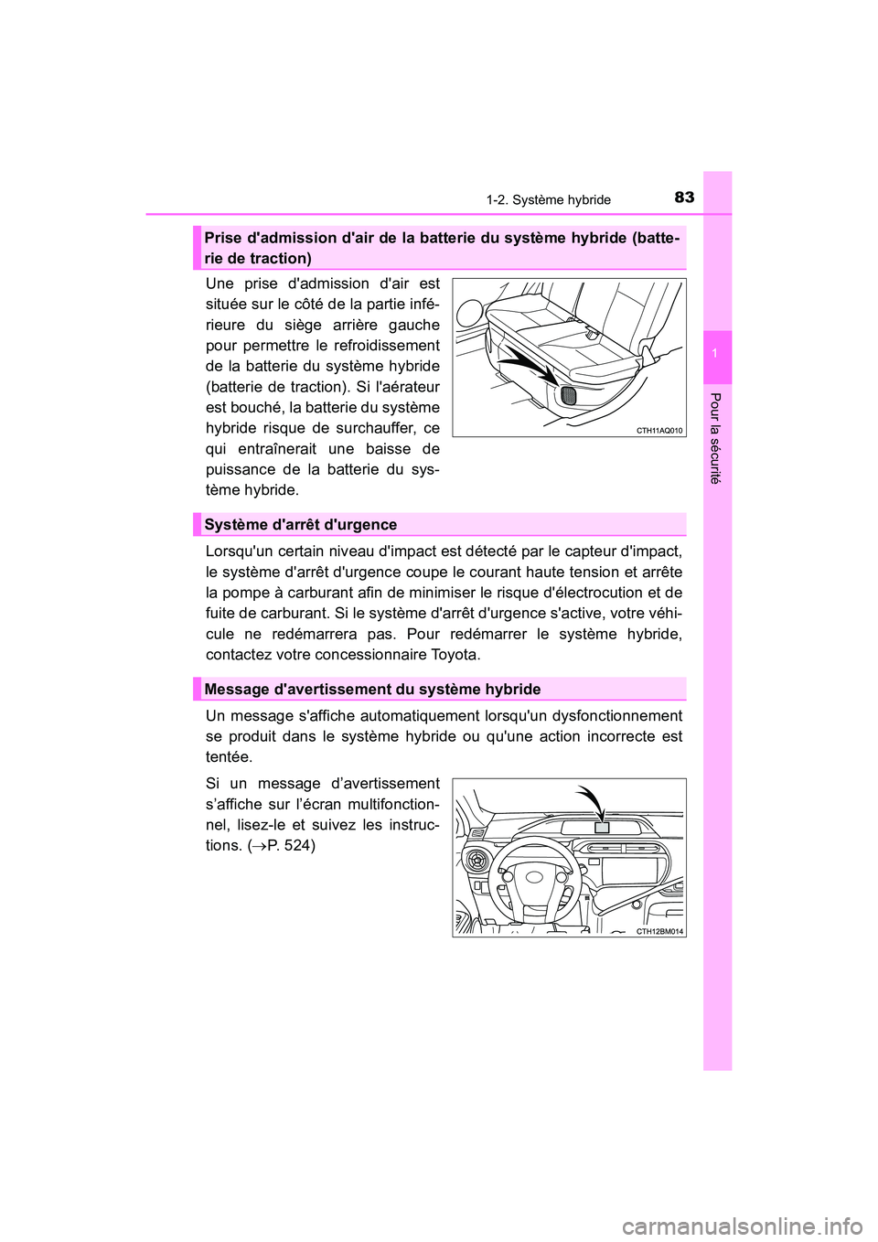 TOYOTA PRIUS C 2017 Manuel du propriétaire (in French) 831-2. Système hybride
1
Pour la sécurité
PRIUS c_D (OM52J11D)
Une prise dadmission dair est
située sur le côté de la partie infé-
rieure du siège arrière gauche
pour permettre le refroidis TOYOTA PRIUS C 2017 Manuel du propriétaire (in French) 831-2. Système hybride
1
Pour la sécurité
PRIUS c_D (OM52J11D)
Une prise dadmission dair est
située sur le côté de la partie infé-
rieure du siège arrière gauche
pour permettre le refroidis