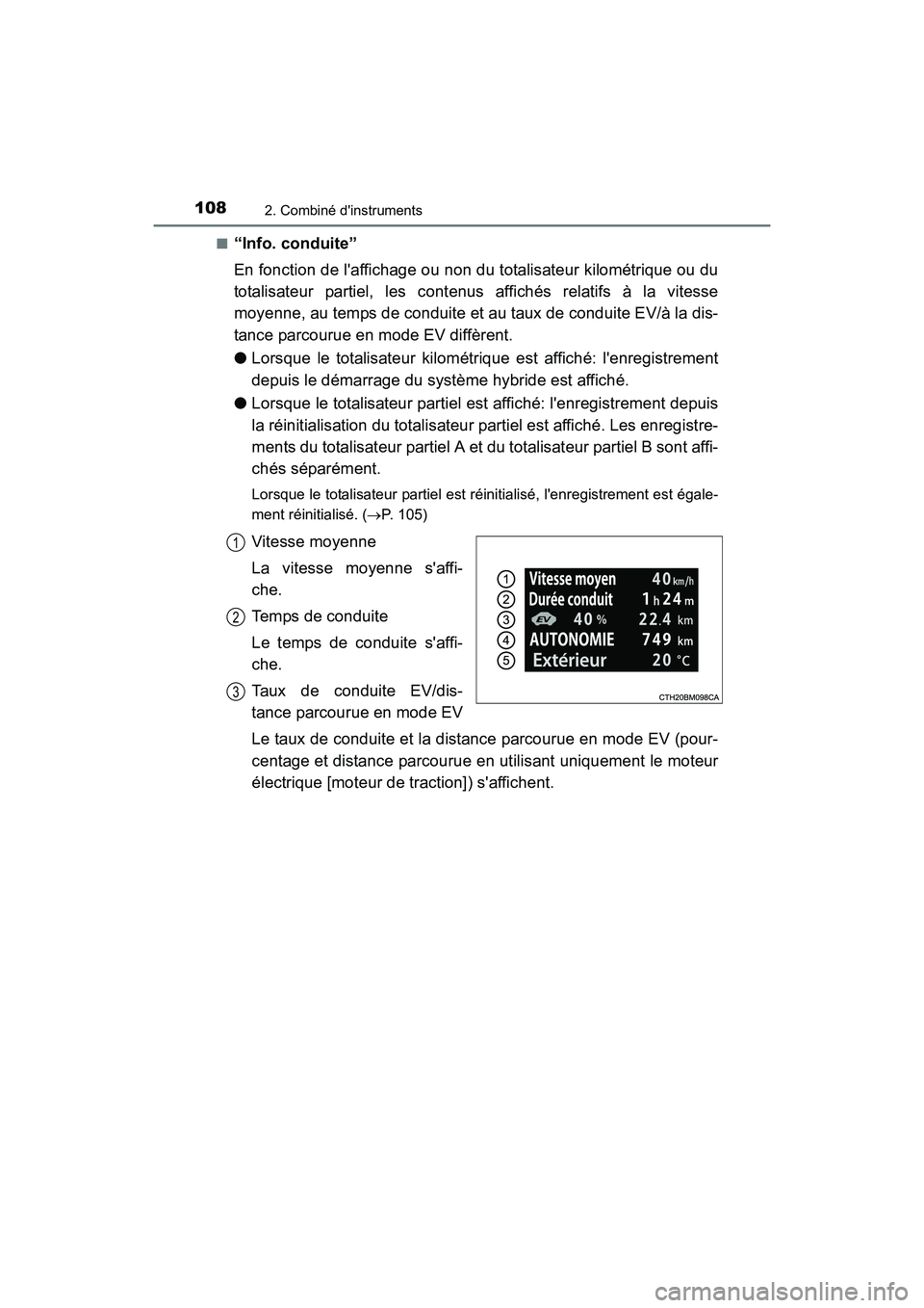 TOYOTA PRIUS C 2016 Manuel du propriétaire (in French) 1082. Combiné dinstruments
PRIUS c_D (OM52F96D)■
“Info. conduite”
En fonction de laffichage ou non du totalisateur kilométrique ou du
totalisateur partiel, les contenus affichés relatifs à TOYOTA PRIUS C 2016 Manuel du propriétaire (in French) 1082. Combiné dinstruments
PRIUS c_D (OM52F96D)■
“Info. conduite”
En fonction de laffichage ou non du totalisateur kilométrique ou du
totalisateur partiel, les contenus affichés relatifs à