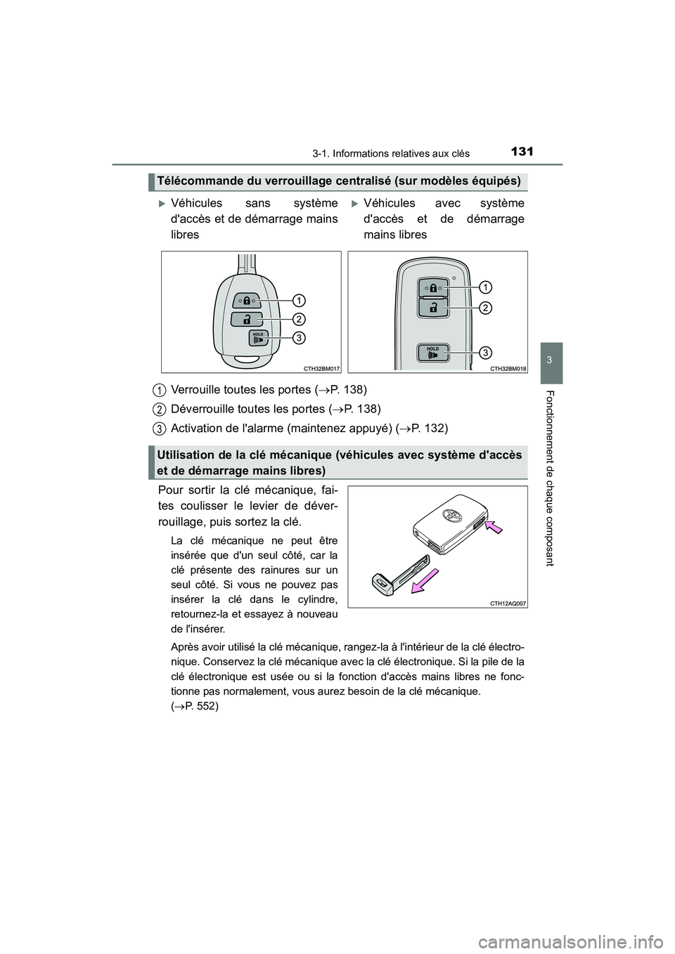 TOYOTA PRIUS C 2016  Manuel du propriétaire (in French) 1313-1. Informations relatives aux clés
3
Fonctionnement de chaque composant
PRIUS c_D (OM52F96D)
Verrouille toutes les portes (→P. 138)
Déverrouille toutes les portes ( →P. 138)
Activation de l