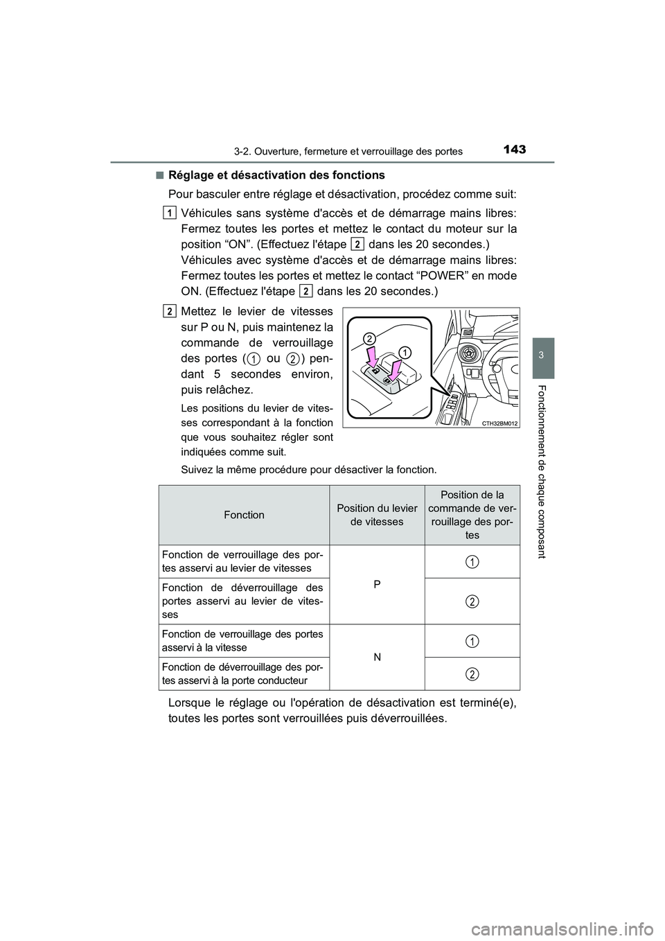 TOYOTA PRIUS C 2016  Manuel du propriétaire (in French) 1433-2. Ouverture, fermeture et verrouillage des portes
3
Fonctionnement de chaque composant
PRIUS c_D (OM52F96D)■
Réglage et désactivation des fonctions
Pour basculer entre réglage et désactiva