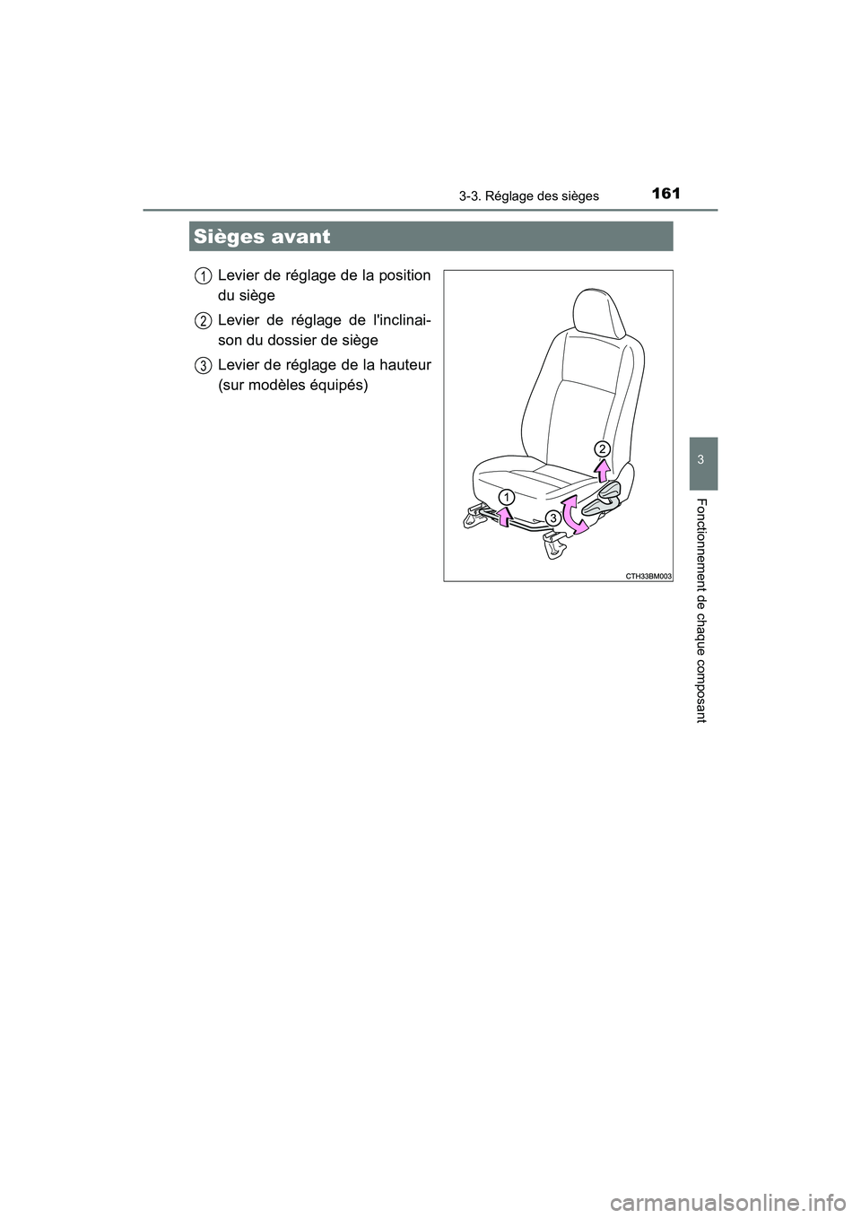 TOYOTA PRIUS C 2016  Manuel du propriétaire (in French) 161
3
Fonctionnement de chaque composant
PRIUS c_D (OM52F96D)
3-3. Réglage des sièges
Levier de réglage de la position
du siège
Levier de réglage de linclinai-
son du dossier de siège
Levier de