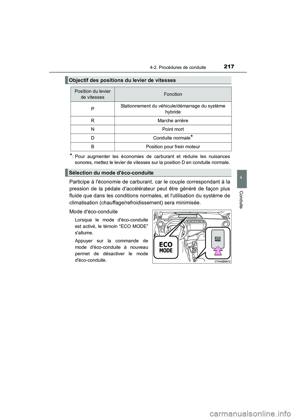 TOYOTA PRIUS C 2016 Manuel du propriétaire (in French) 2174-2. Procédures de conduite
4
Conduite
PRIUS c_D (OM52F96D)
*: Pour augmenter les économies de carburant et réduire les nuisancessonores, mettez le levier de vitesses sur la position D en condui TOYOTA PRIUS C 2016 Manuel du propriétaire (in French) 2174-2. Procédures de conduite
4
Conduite
PRIUS c_D (OM52F96D)
*: Pour augmenter les économies de carburant et réduire les nuisancessonores, mettez le levier de vitesses sur la position D en condui